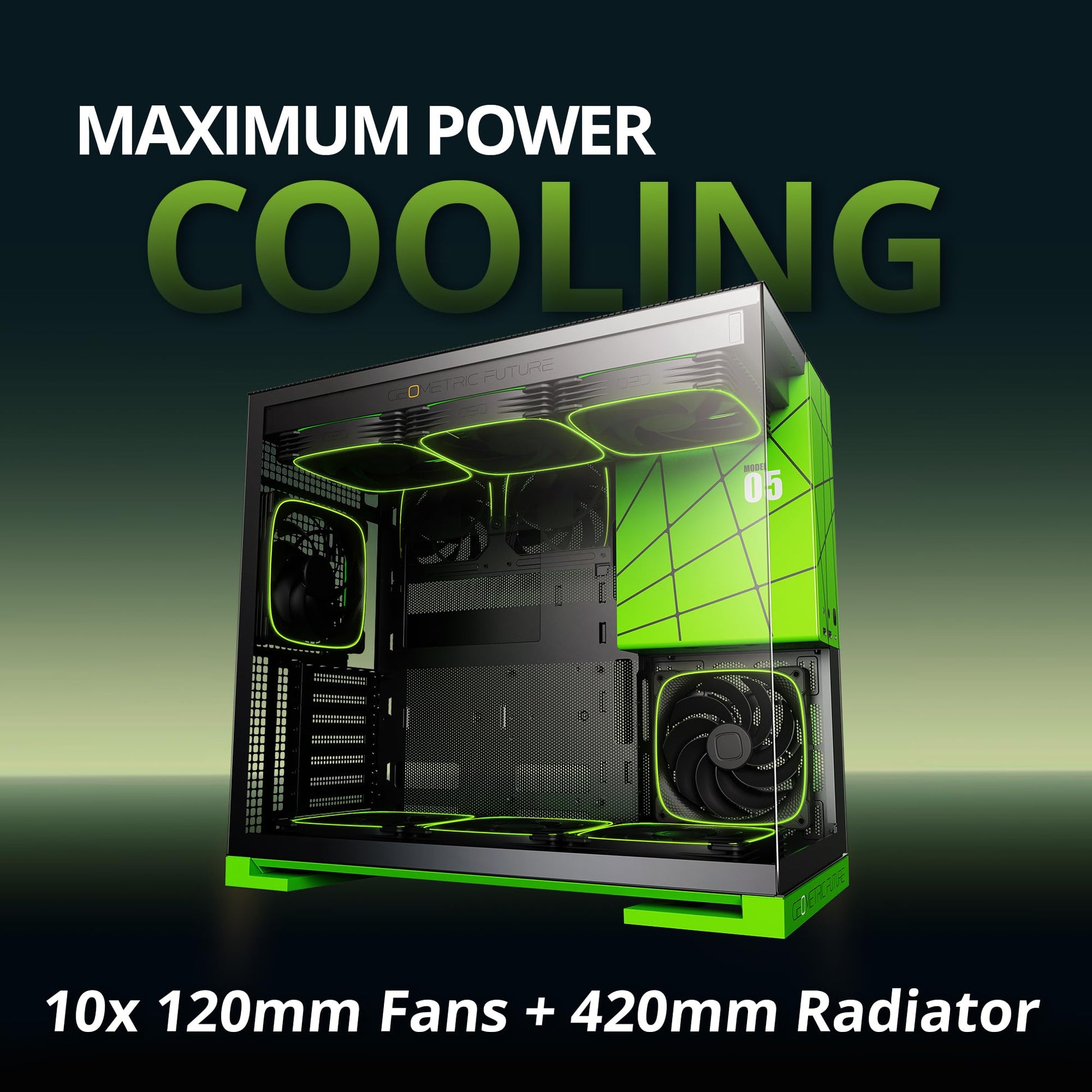 Geometric Future M5 Tempered Glass Mid Tower, E-ATX/ATX Gaming Case, 1.2mm Steel, Type C, Toolless Panels, Support 420/360 Radiator, ARGB PWM 140m Fan x 5 Pre-Installed, Black/Green, GEO-M5F-BNY