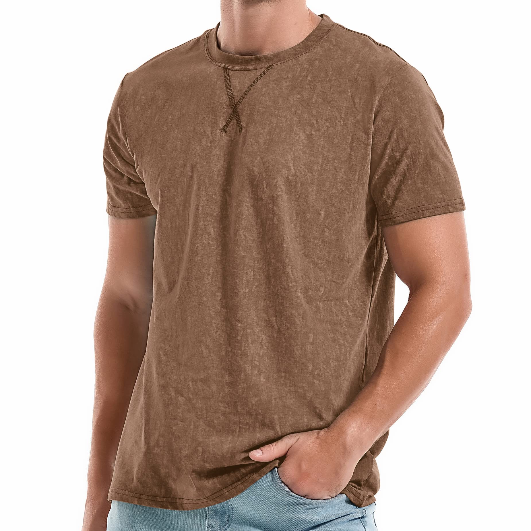 KLIEGOU Men's T-Shirts - Elasticity Cotton Crew Neck Tees 2166 Khaki XXL