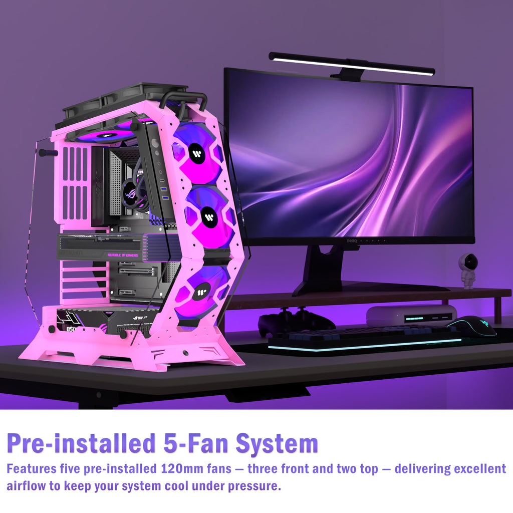 KEDIERS PC Case C570 ATX Mid Tower Tempered Glass Gaming Computer Open Frame Case with 5 PWM ARGB Fans (Pink)