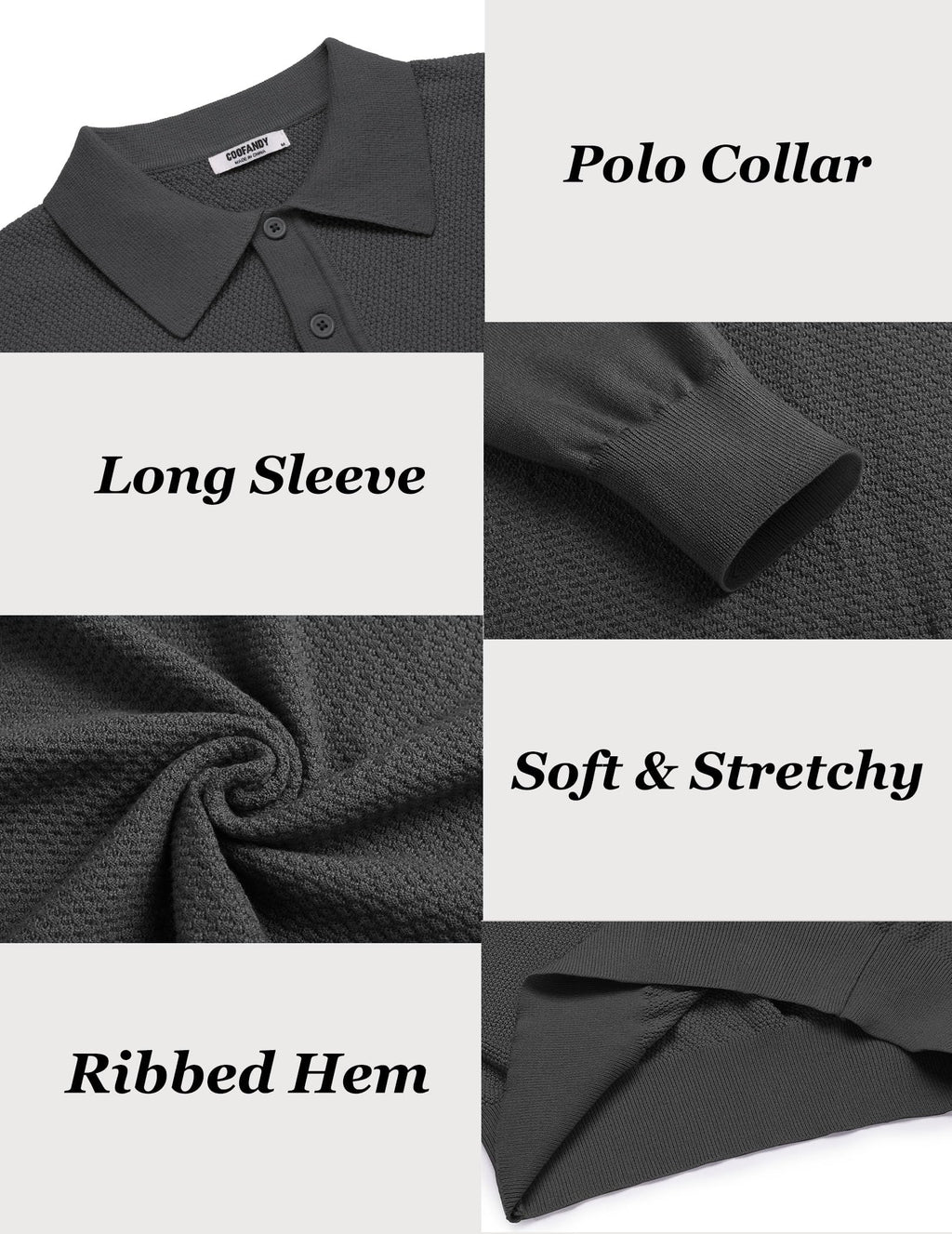 COOFANDY Men's Long Sleeve Polo Sweater Dress Knit Golf Polo Collared Sweater Muscle Slim Fit T Sweaters Dark Gray