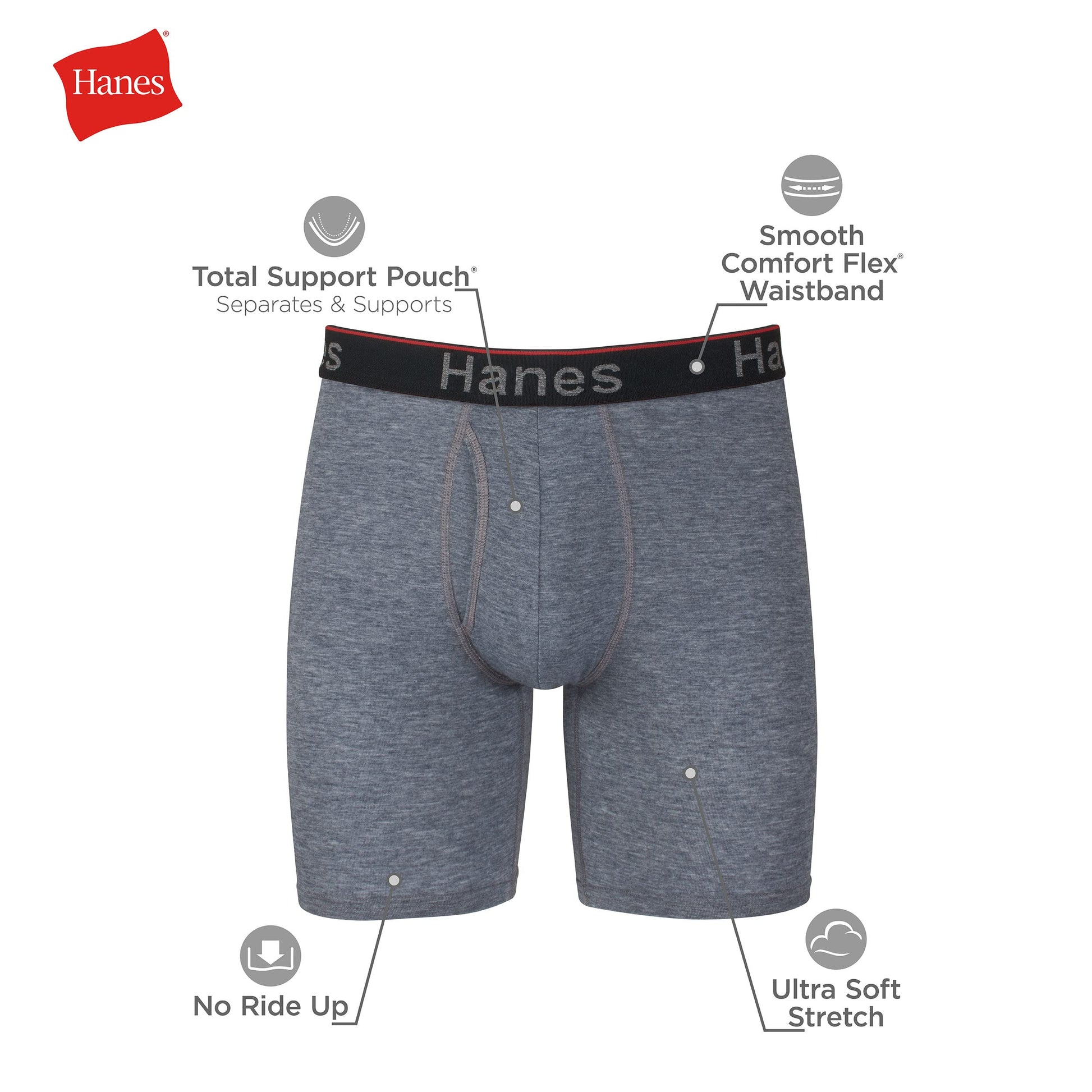 Hanes Total Support Pouch Men's Boxer Briefs Pack, Anti-Chafing, Moisture-Wicking Underwear, Odor Control (Reg or Long Leg)