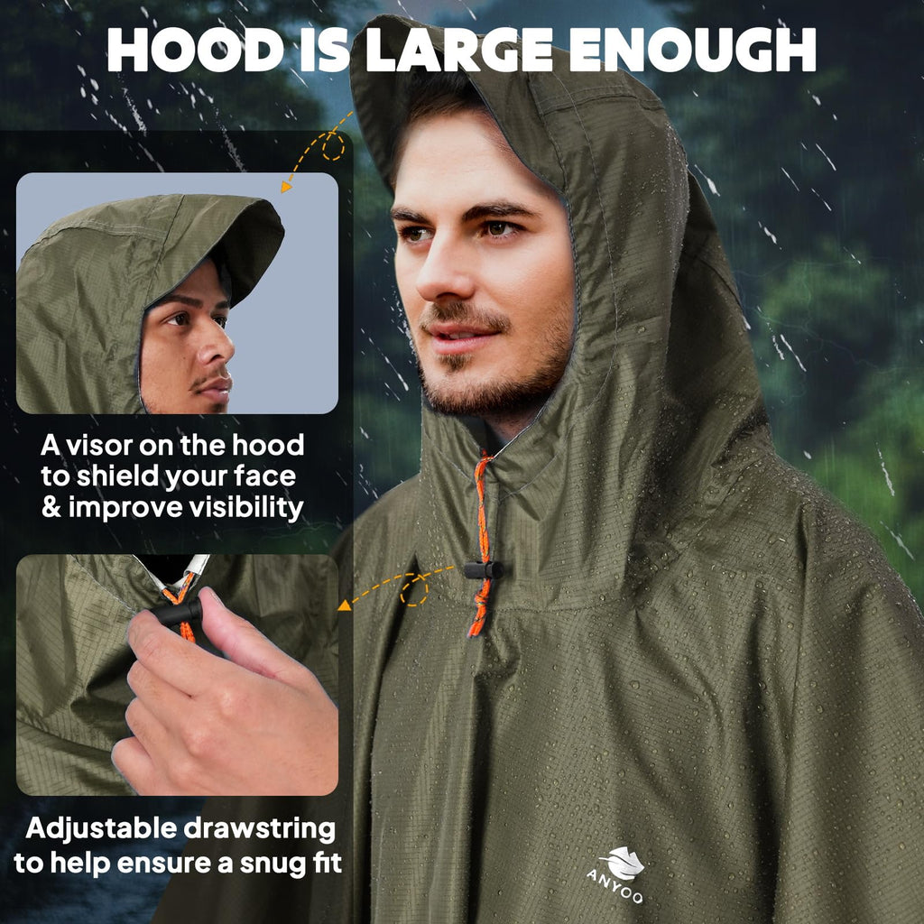 ANYOO Hooded Rain Poncho for Adults Waterproof Lightweight Rain Coats for Men Women Reusable Rain Jacket for Emergency Camping Outdoor Activities(Army Green) One Size