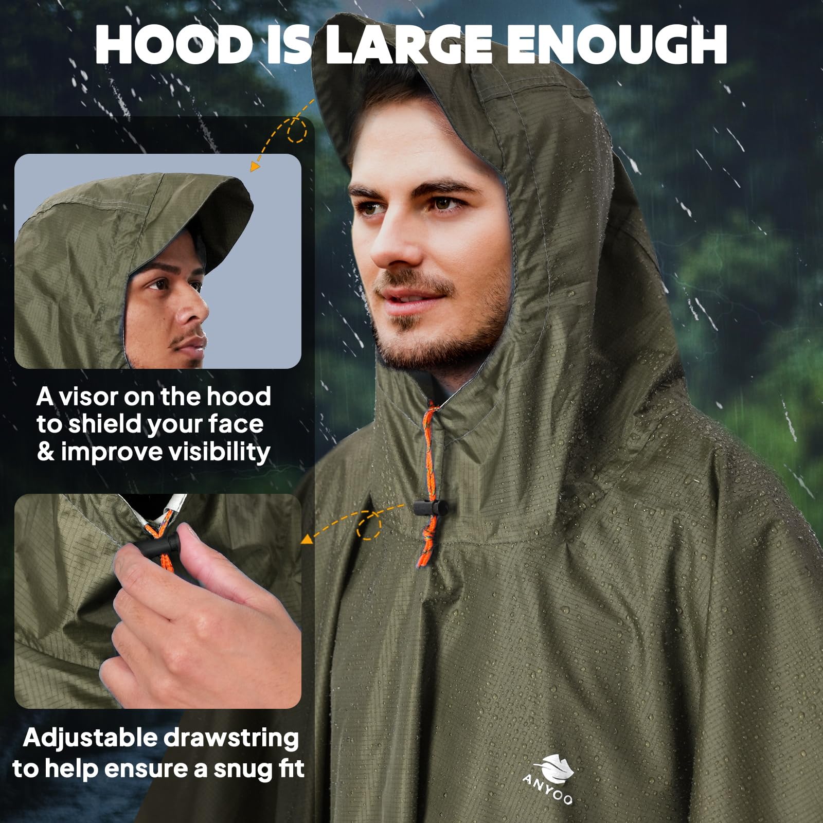 ANYOO Hooded Rain Poncho for Adults Waterproof Lightweight Rain Coats for Men Women Reusable Rain Jacket for Emergency Camping Outdoor Activities(Army Green) One Size