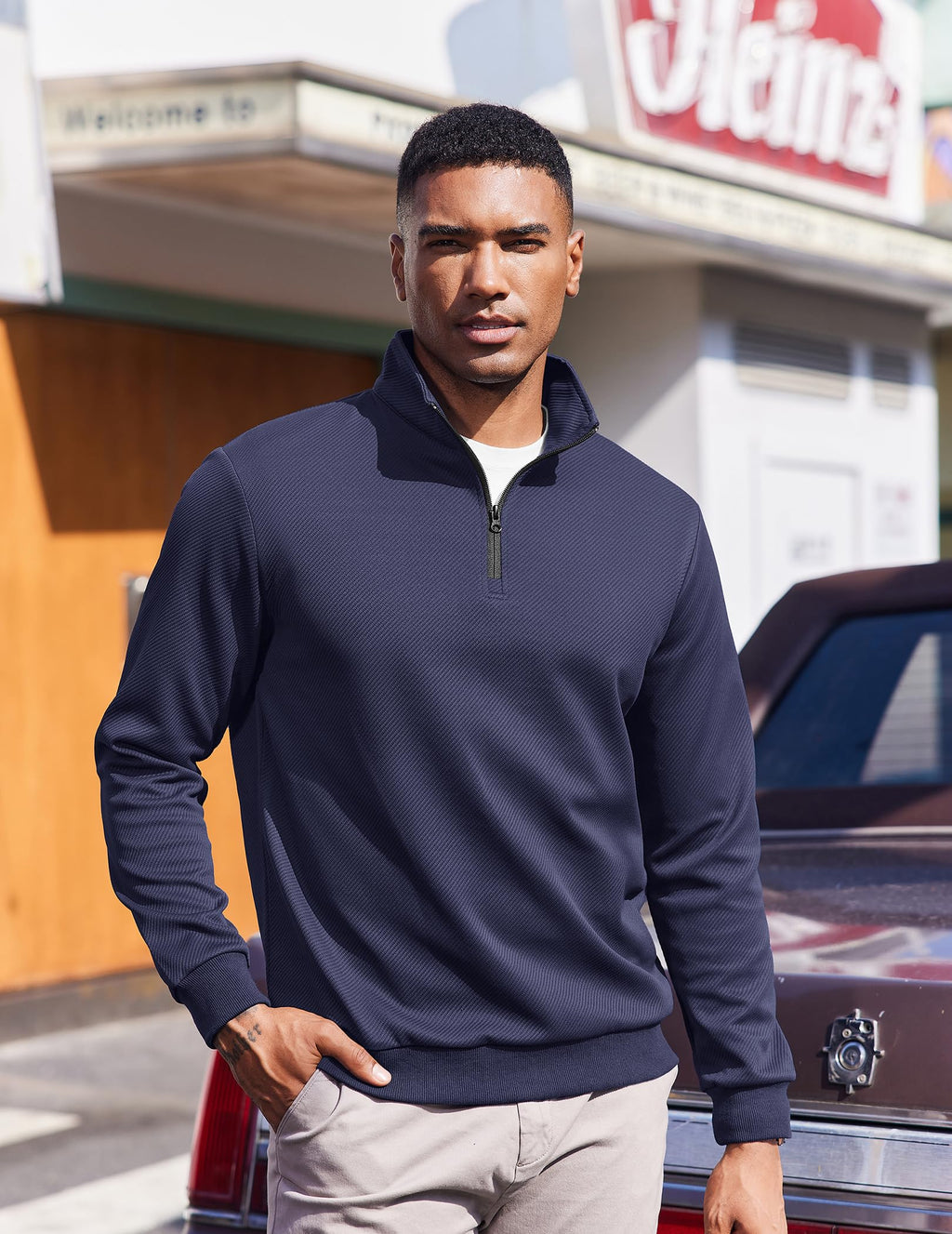 COOFANDY Mens Sweaters and Pullovers Light Weight 1/4 Zip Polo Sweatshirts Soft Stylish Quilted Sweatshirt Navy Blue