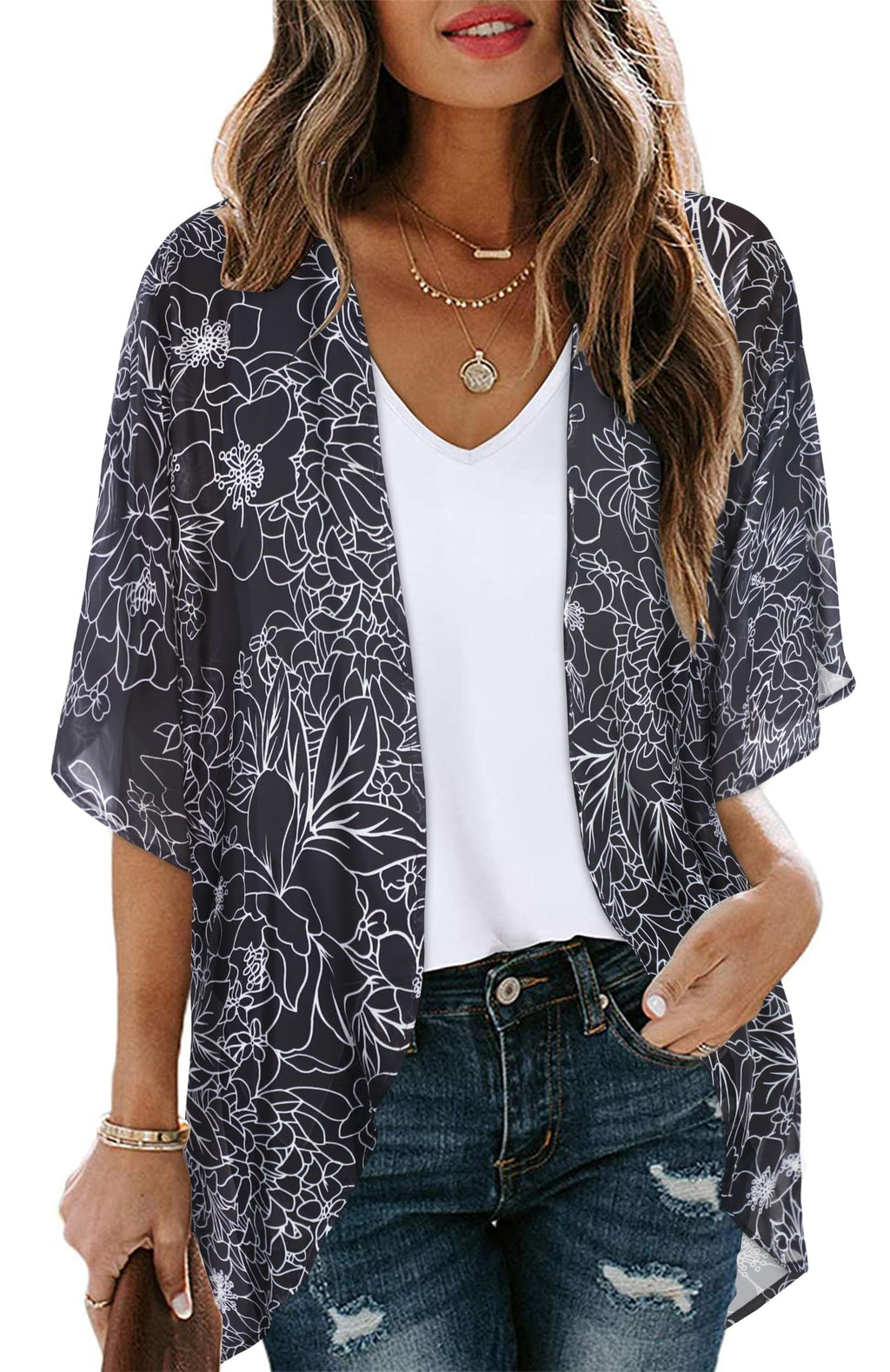 Womens Floral Kimono Cardigans Loose Puff Sleeve Casual Beach Coverups Tops (Black Brief Flowers,L)