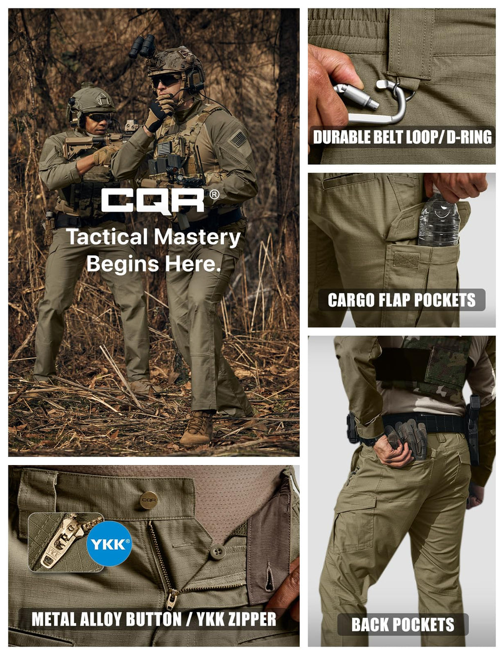 CQR Men's Flex Ripstop Tactical Pants, Water Resistant Stretch Cargo Pants, Lightweight EDC Hiking Work Pants, Marauder Soil Green, 34W x 32L