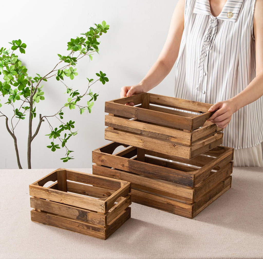 Set of 3 Nesting Wooden Crates, Rustic Wooden Storage Container Boxes with Cutout Handles, Decorative Farmhouse Wood Baskets for Display (Natural)