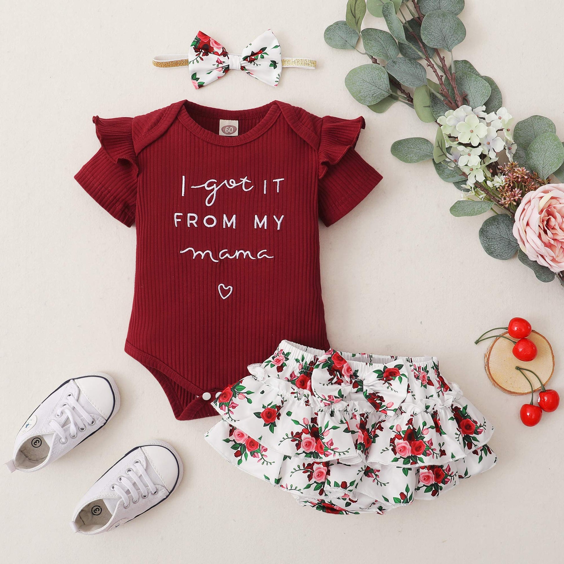 Mioglrie Newborn Baby Girl Clothes Romper Shorts Set Ruffle Infant Knitted Girls' Clothing Daddys Little Maroon 0-3 Months