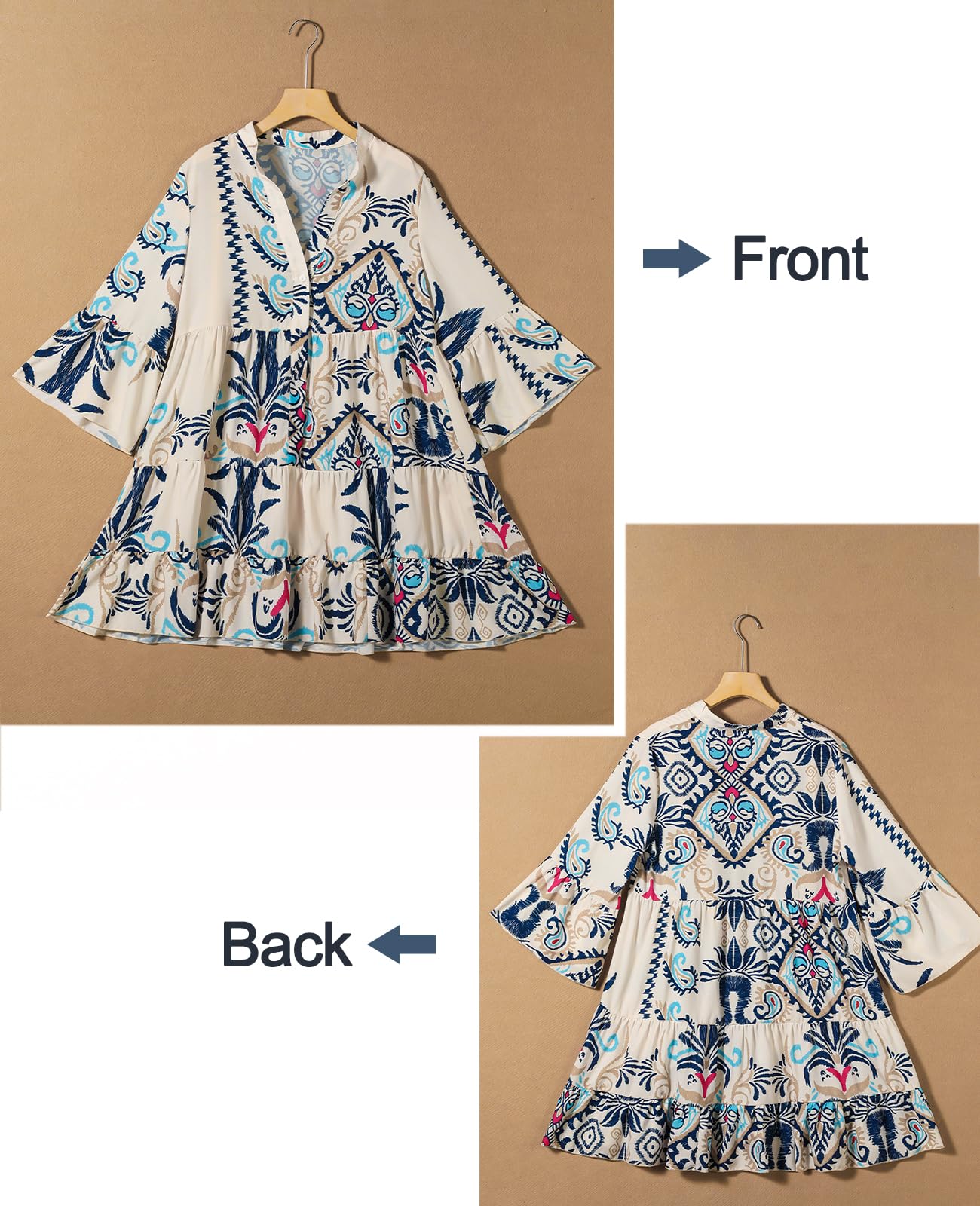 SELINK Womens Long Sleeve Dresses Casual V Neck Tribal Print Button Flowy Boho Mini Beach Dress Beige-M