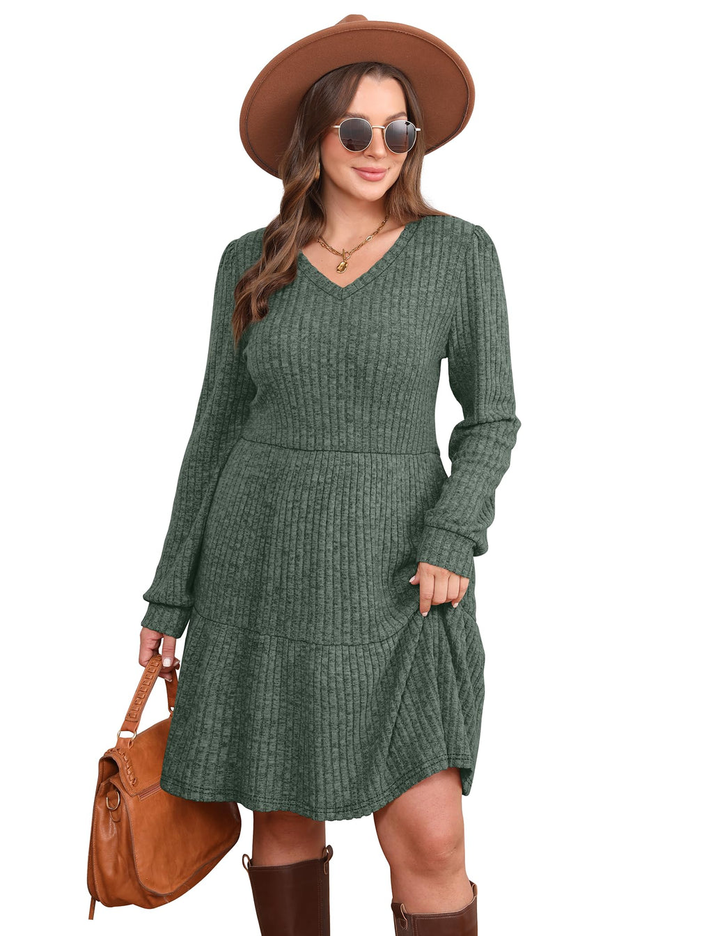 SAMPEEL Womens Dresses V Neck Casual Christmas Long Sleeve Winter Anthropologie Sweater Dress with Pockets 2025 Green M