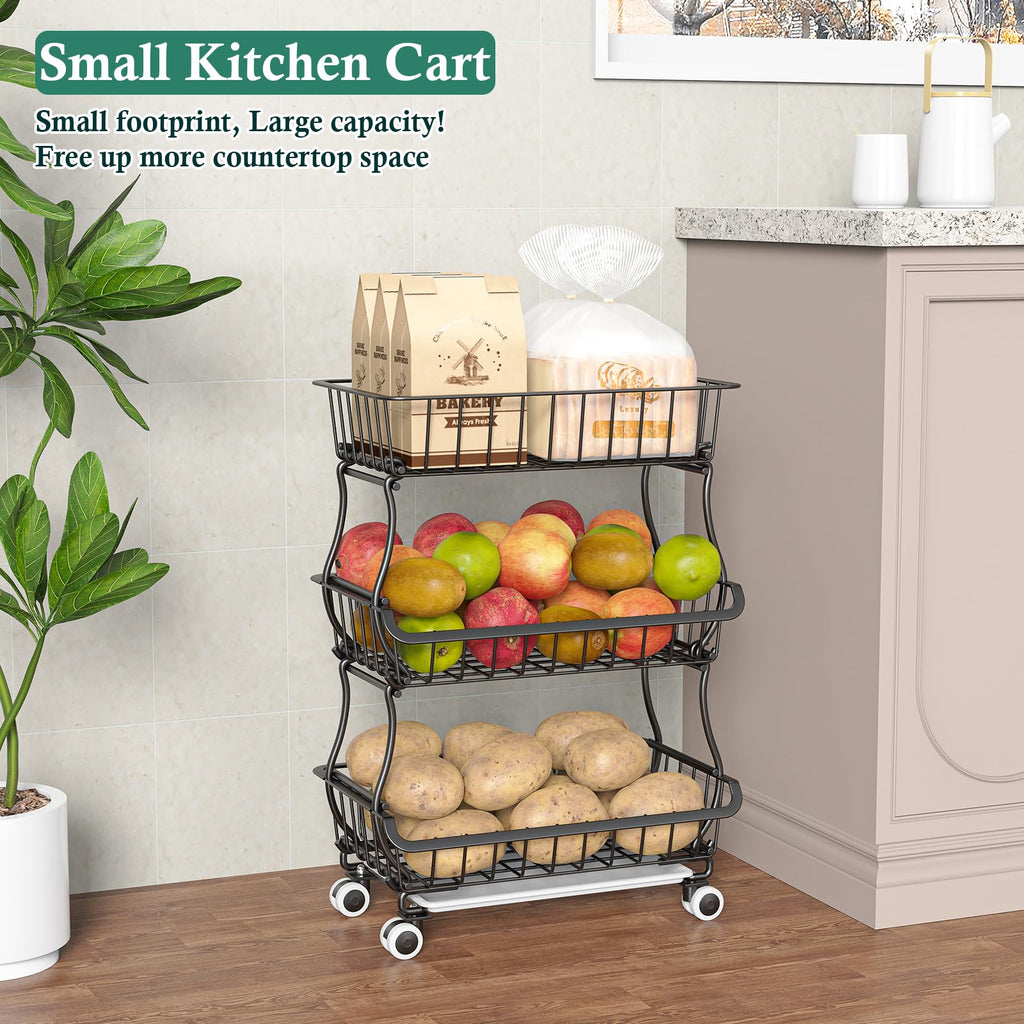 OKZEST 3-Tier Rolling Pantry Floor Organizer and Storage Cart with Wheels, Stackable Wire Pantry Baskets for Pantry Shelves, Kitchen Fruit Basket Stand and Storage Rack for Fruit Snack Onion Potato