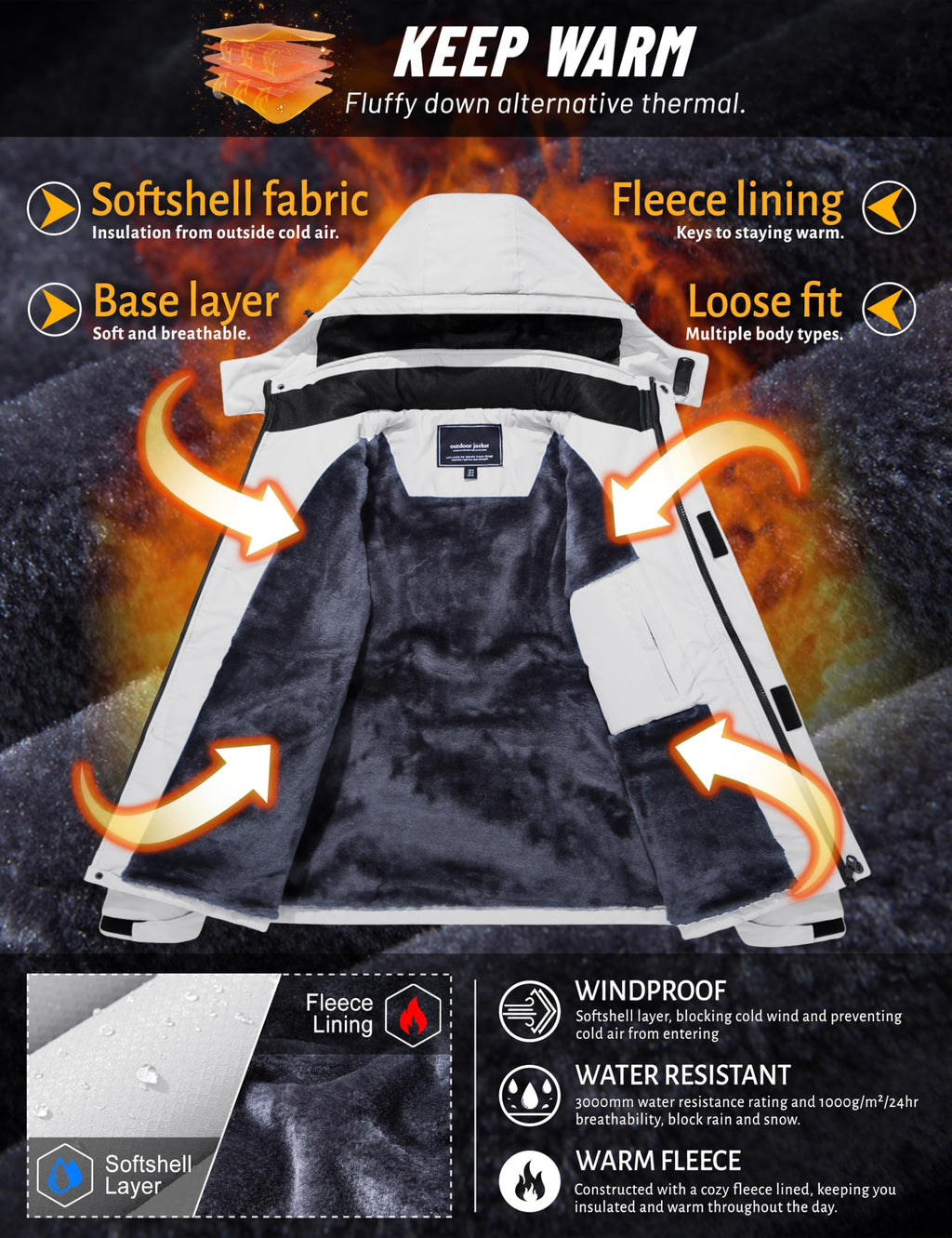 TACVASEN Men's Skiing Jacket with Hood Winter Jacket Water Resistant Hiking Fishing Travel Fleece Jacket Mens Warm Parka Ski Coat White, L