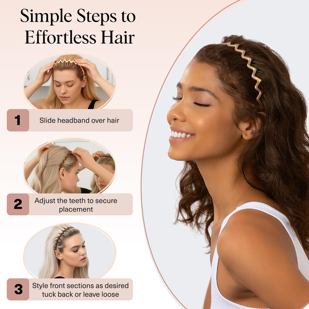 Kitsch Zig Zag Headbands, Recycled Plastic Wavy Hair Band with Teeth, Comb Headbands for Women and Men, Classic 90s Hair Accessories, 2pcs (Neutral)