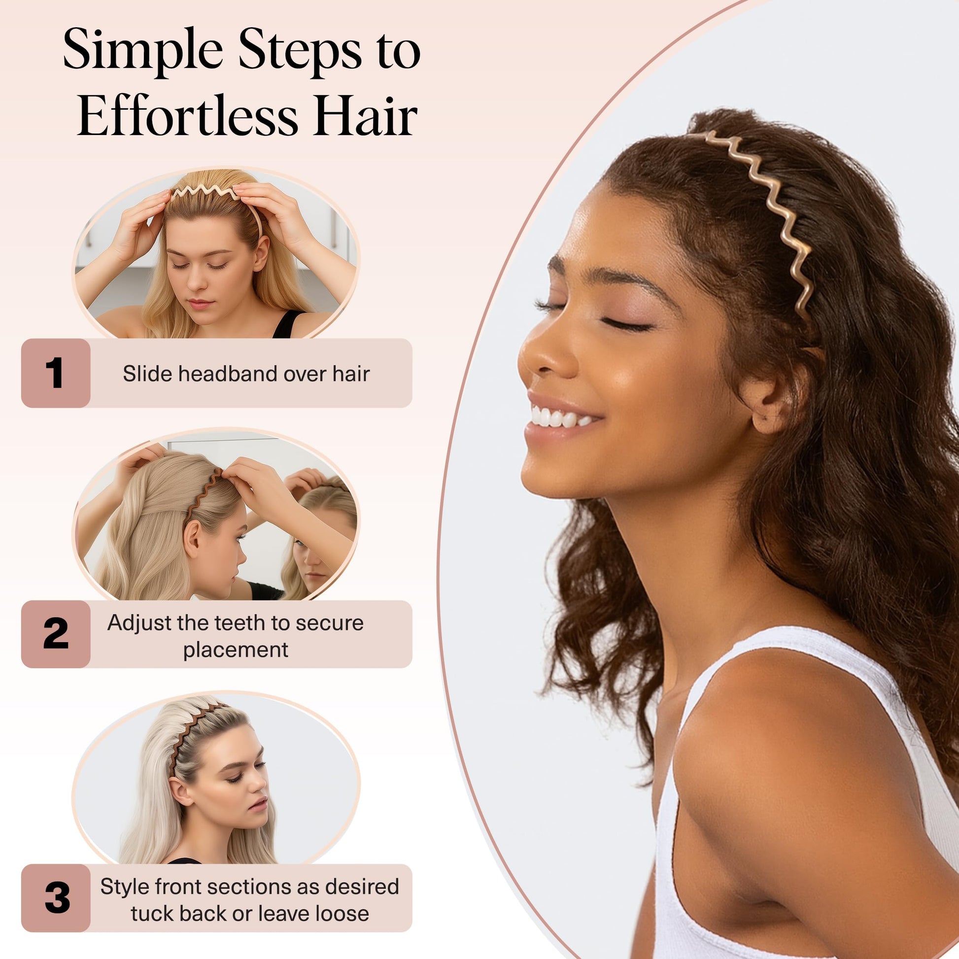 Kitsch Zig Zag Headbands, Recycled Plastic Wavy Hair Band with Teeth, Comb Headbands for Women and Men, Classic 90s Hair Accessories, 2pcs (Neutral)