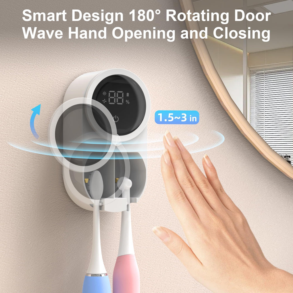 Biodzzs Toothbrush Holder and Cleaner for Bathroom Light Cleaning Fan Drying Round in Circle Automatic Rotating Cover Wall Mounted Smart Home Gadgets (01 White)