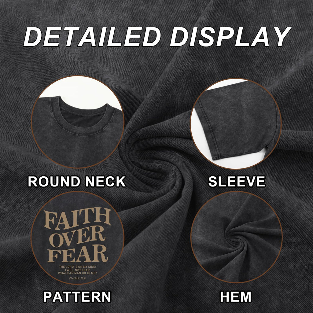 Weetiotio Christian Faith Over Fear Shirt for Men Jesus Religious Shirts Oversized Graphic Tees Acid Wash God T-Shirt(Black,M)