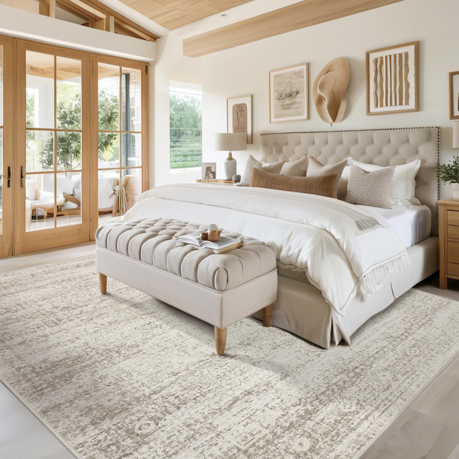 Srugn Washable Rugs 8x10 Area Rugs for Living Room,Rugs for Bedroom,Large Carpets,Ultra Soft Faux Wool Retro Dining Room Rug,Non Slip&Non-Shedding Low Pile Vintage Print Rug for Home Office Decor