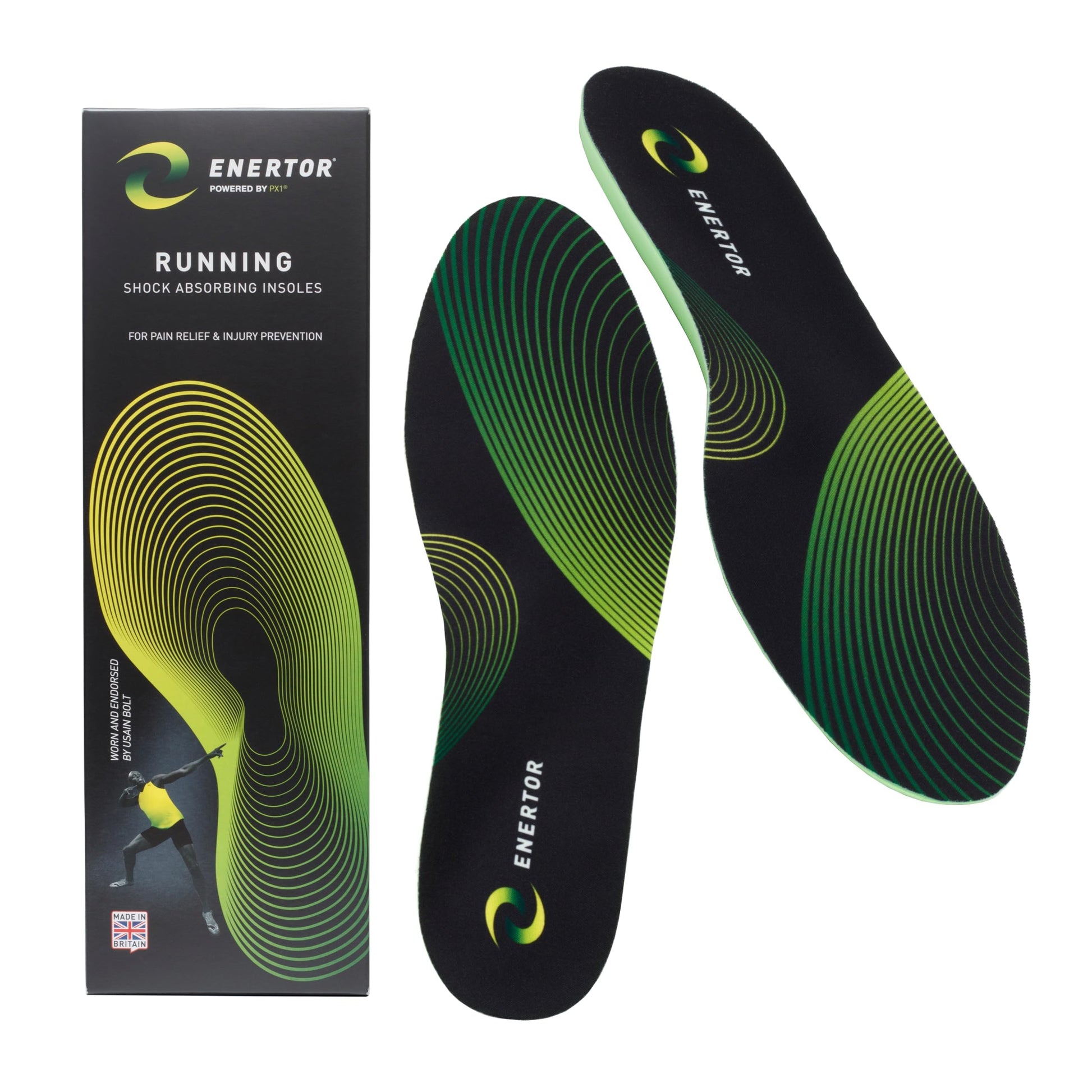 Enertor PX1 Running Insoles - Sports & Running - Full Length Orthotics, Shock Absorbing Technology - Foot & Heel Pain Relief - for Plantar Fasciitis, Achilles Tendonitis, Arch Support, US Mens 14-15