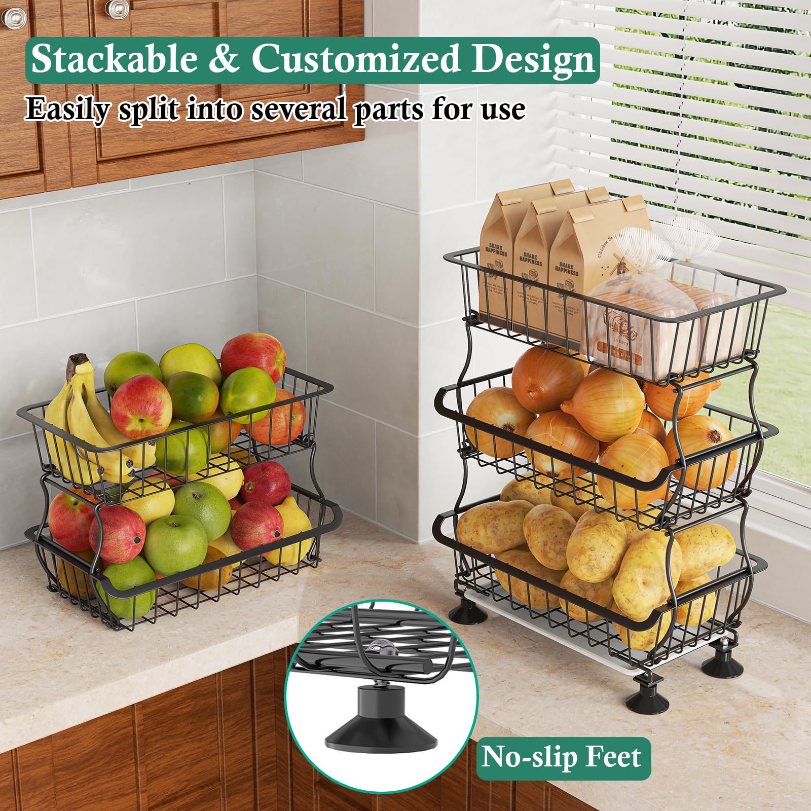 OKZEST 3-Tier Rolling Pantry Floor Organizer and Storage Cart with Wheels, Stackable Wire Pantry Baskets for Pantry Shelves, Kitchen Fruit Basket Stand and Storage Rack for Fruit Snack Onion Potato