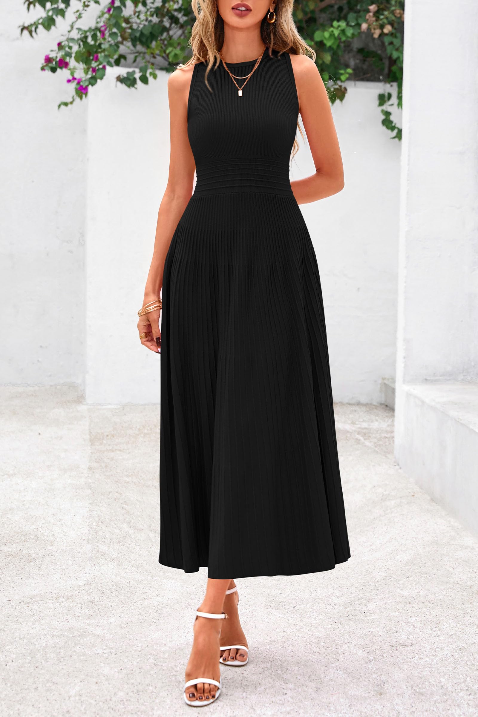 PRETTYGARDEN Spring Casual Dresses for Women 2025 Summer Business Work Midi Sleeveless A Line Pleated Cocktail Dress(Black,Medium)