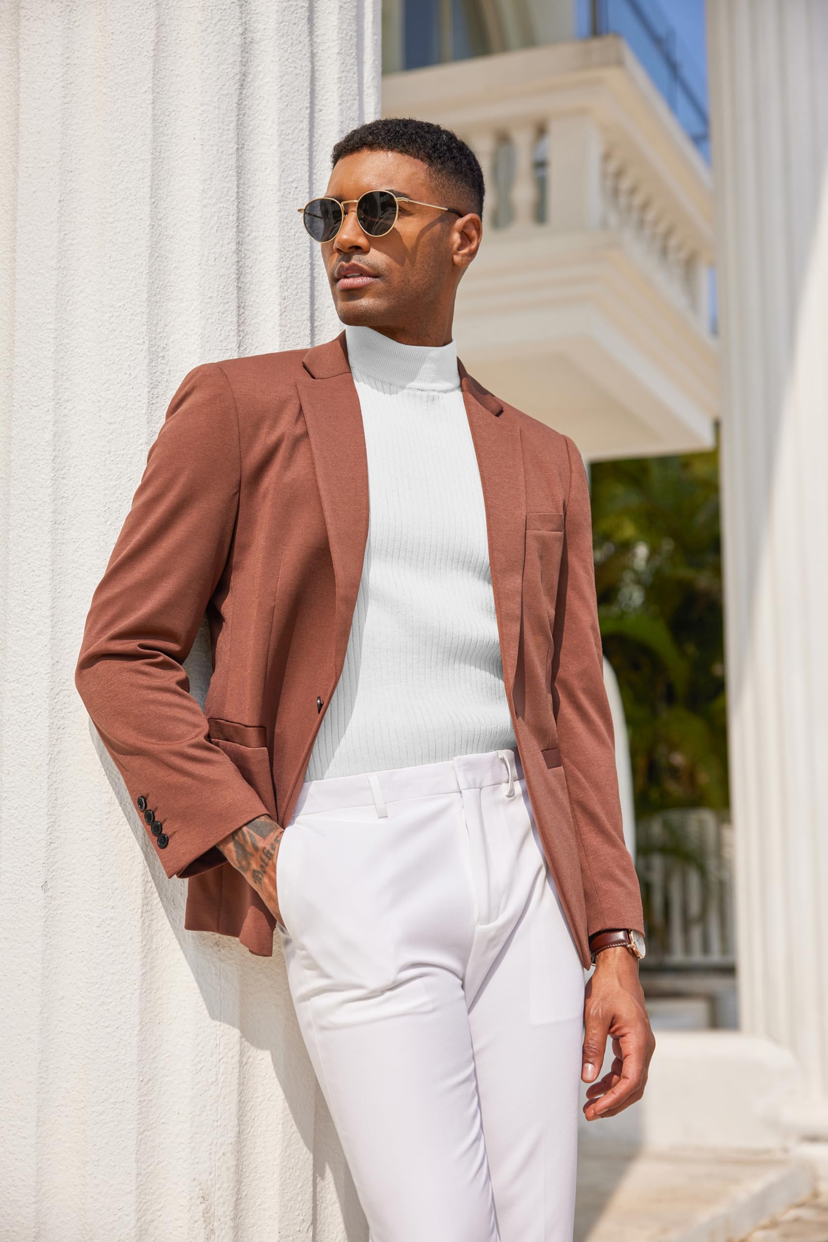 COOFANDY Men's Mock Turtleneck Knit Sweater Short Sleeve Pullover Casual Basic Tops Solid Tee White Sweater