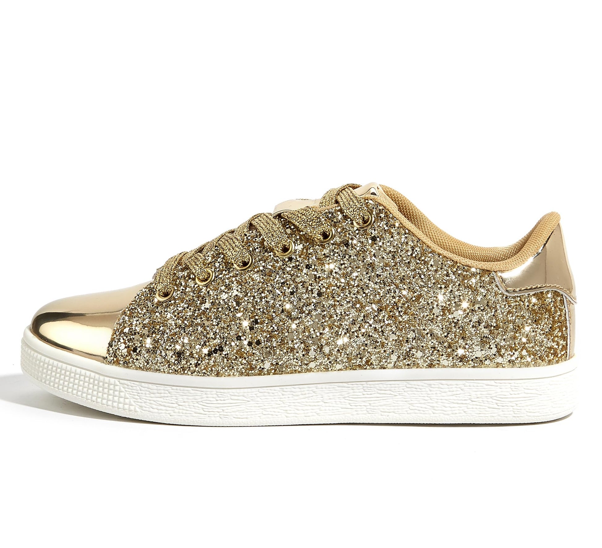 LUCKY STEP Glitter Sneakers Lace up | Fashion Sneakers | Sparkly Shoes for Women (All Gold,10 B(M) US)