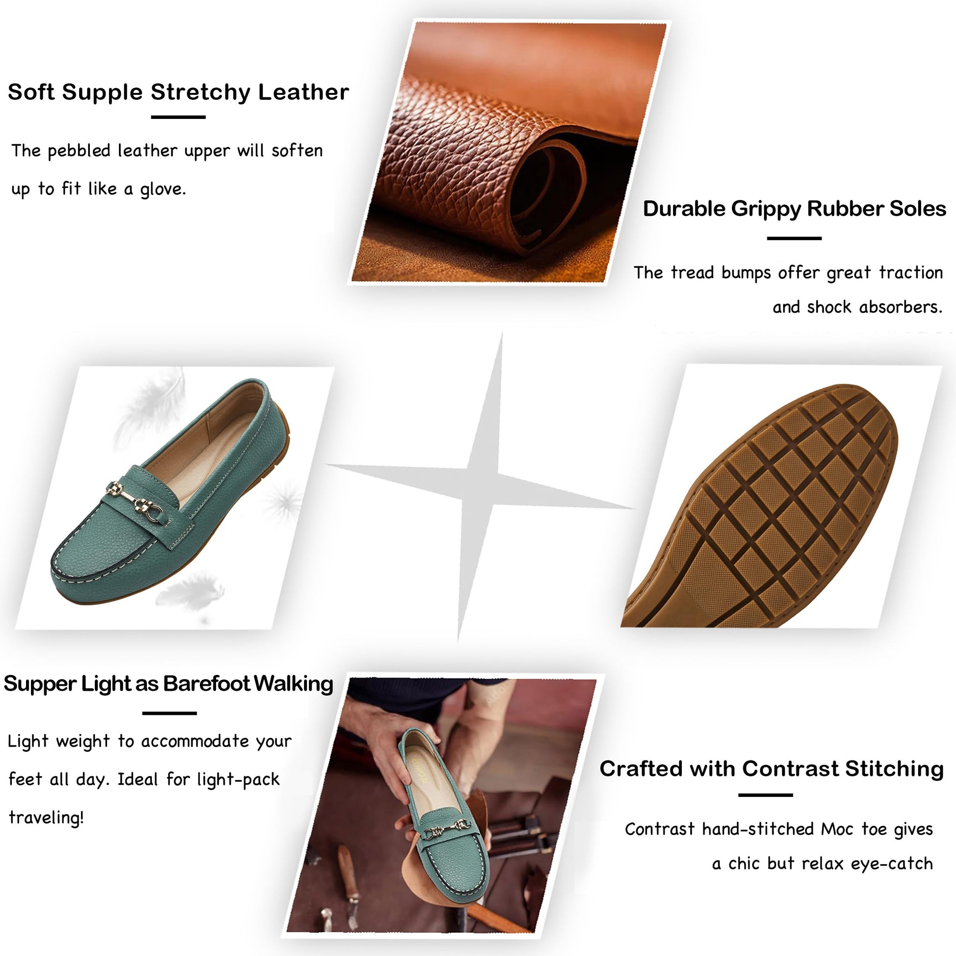 KORDAL Women's Comfortable & Lightweight Green Leather Loafers Slip-Ons Driving Mocs Walking Shoes Cute Business Casual Dress Shoes Work Flats for Women 7.5 M US