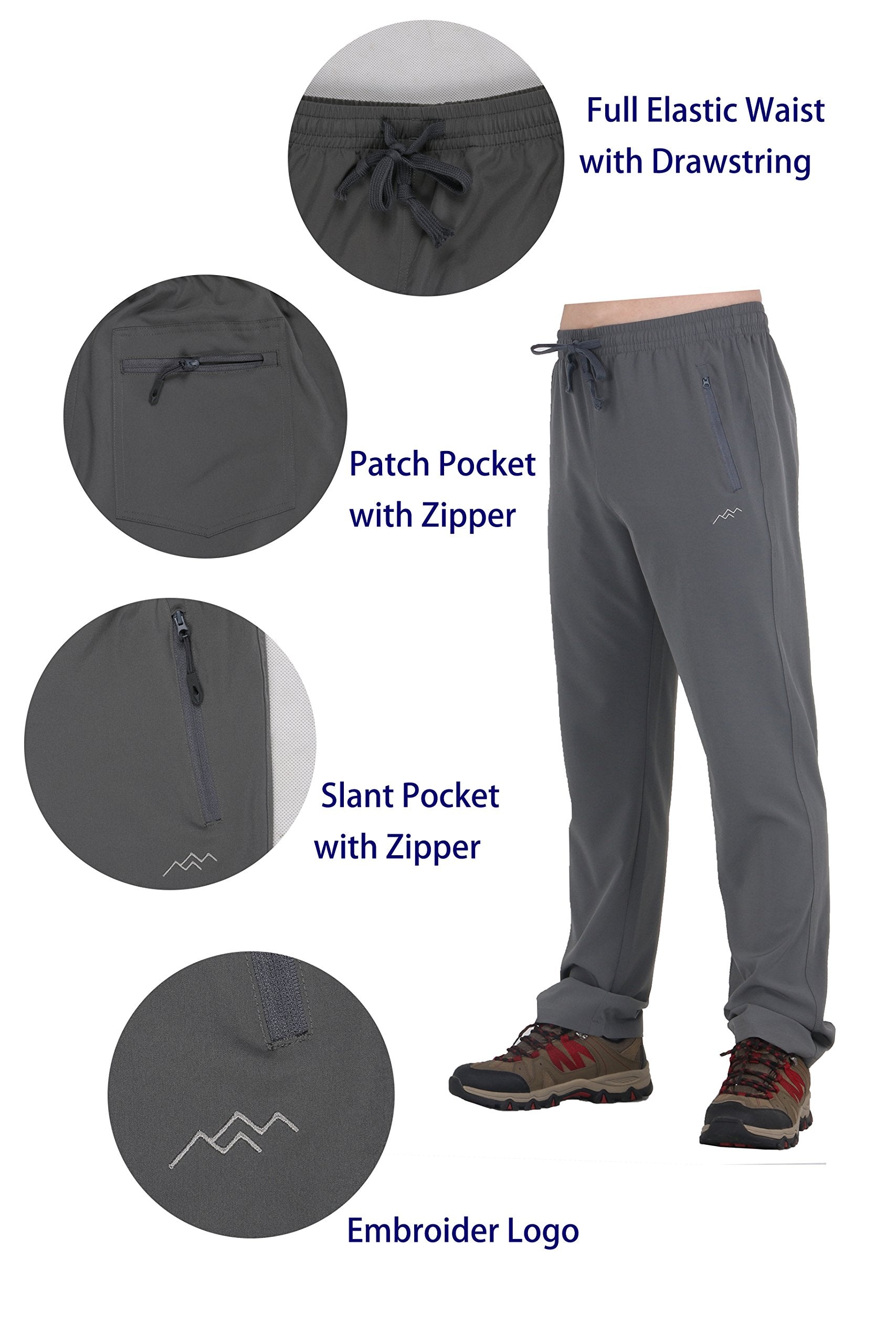 TRAILSIDE SUPPLY CO. Mens Lightweight Track Pants,Stretchy Pants with Zipper Pockets,Loose Fit, Grey, 3XL