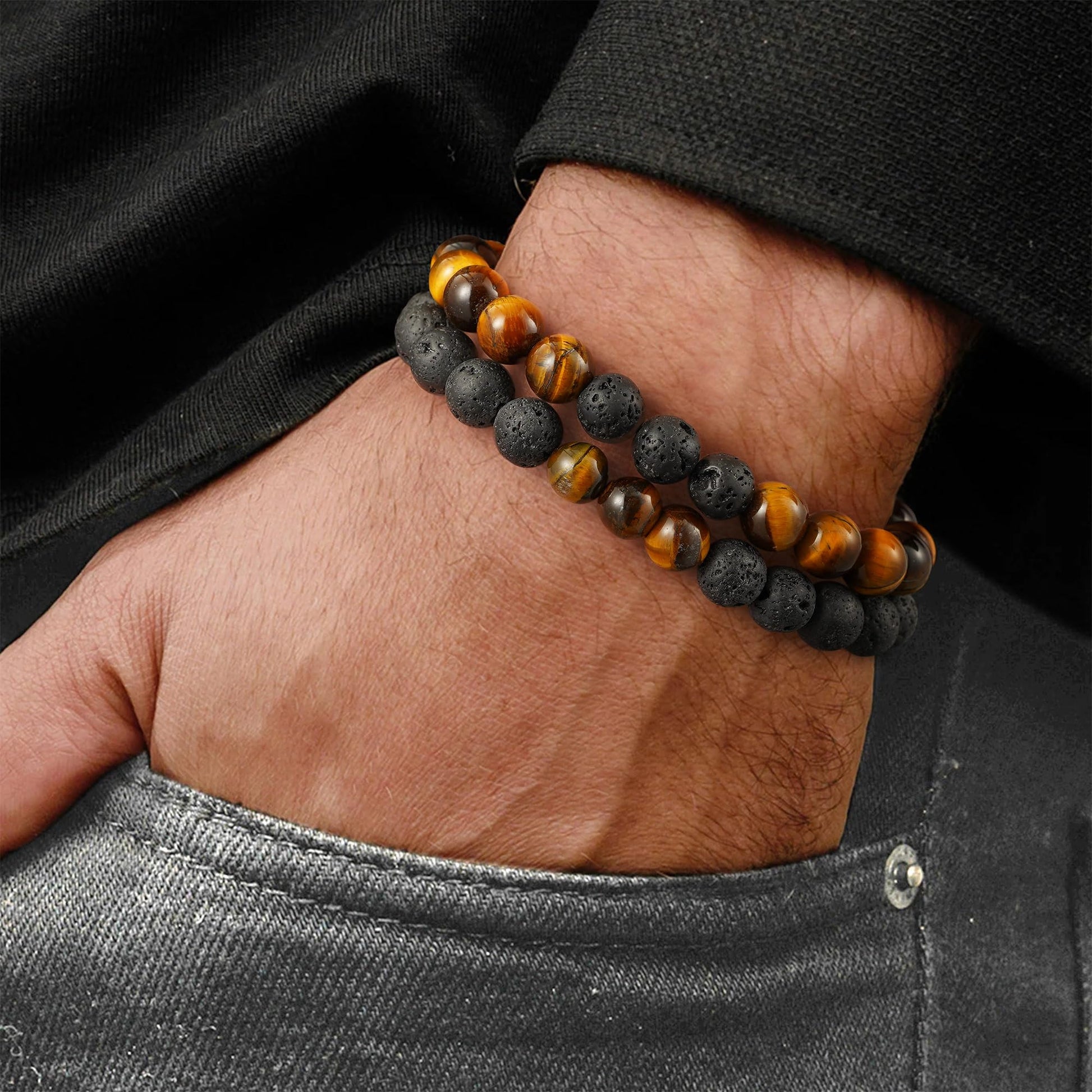 M MOOHAM Bracelets for Mens Gifts - Beaded Natural Tiger Eye Bracelet Black Lava Rock Stone Chakra Mens Anxiety Bracelets Adjustable Aromatherapy Essential Oil Diffuser Healing Dad Gifts