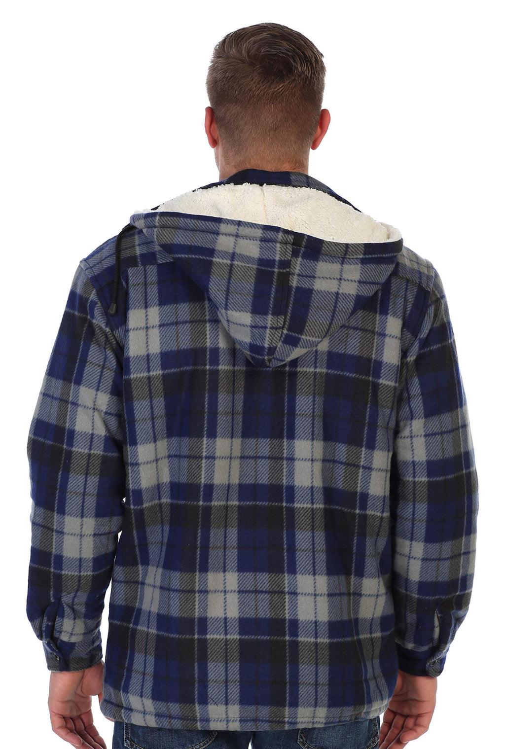 Gioberti Mens Sherpa Lined Flannel Jacket with Removable Hood, Navy/Gray, L