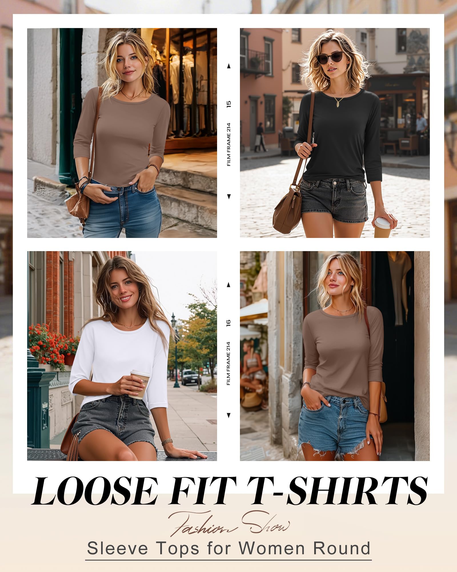 Ficerd 3 Pack 3/4 Sleeve Tops for Women Round Neck Dressy Basics Tees Casual Trendy Loose Fit T Shirts(Black,White,Coffee,Medium)