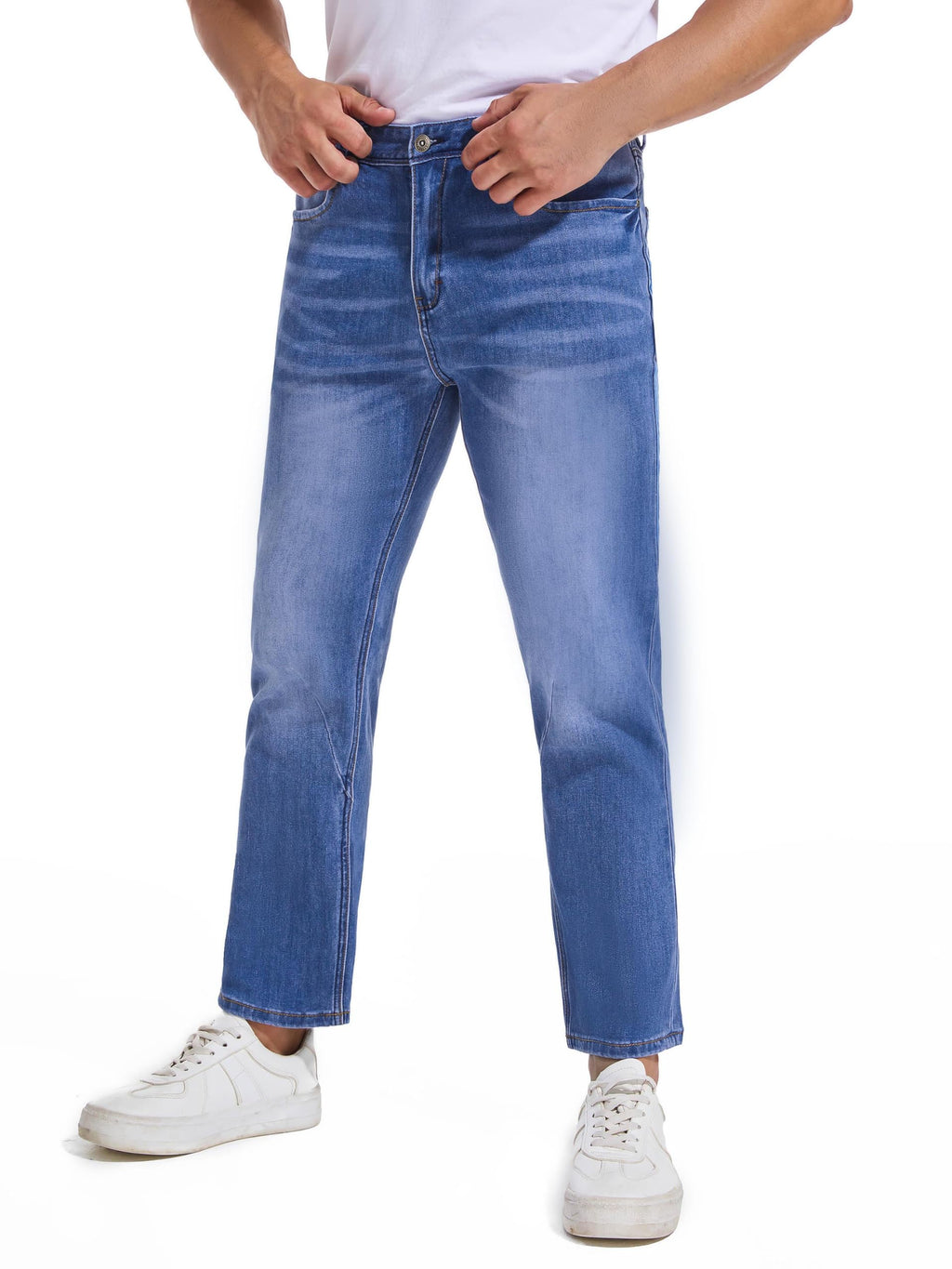 AbleTree Jeans for Short Men 27" Original Straight Taper Fit Short Length Casual Stretch Denim Pants AT01 Medium Blue