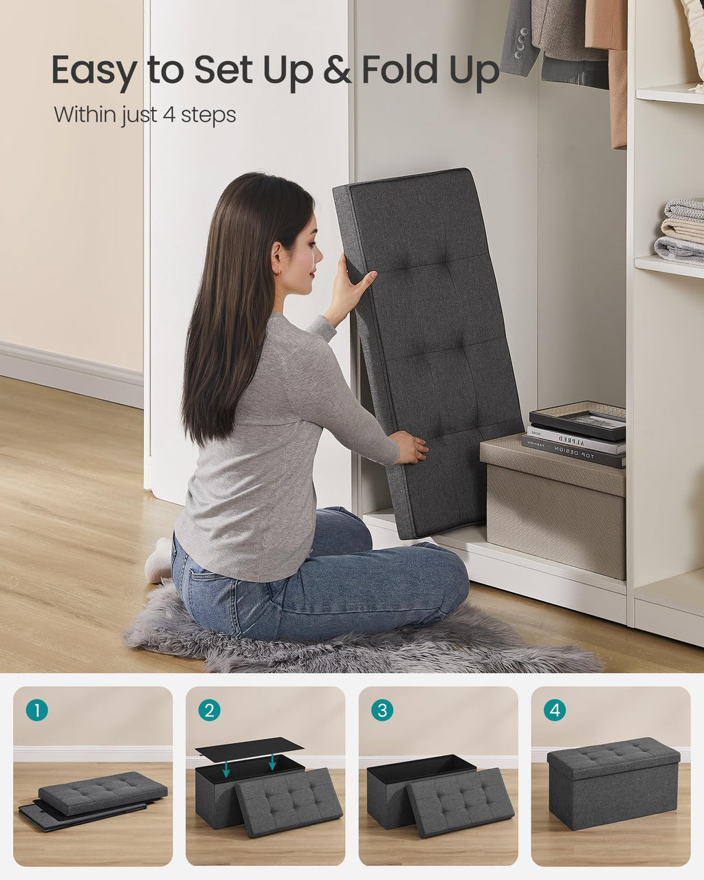 SONGMICS MAZIE Collection - 30 Inches Folding Storage Ottoman Bench, Ottoman Foot Rest, End of Bed Bench, Storage Chest, Load 660 lb, for Living Room, Bedroom, Entryway, Dark Gray ULSF47K