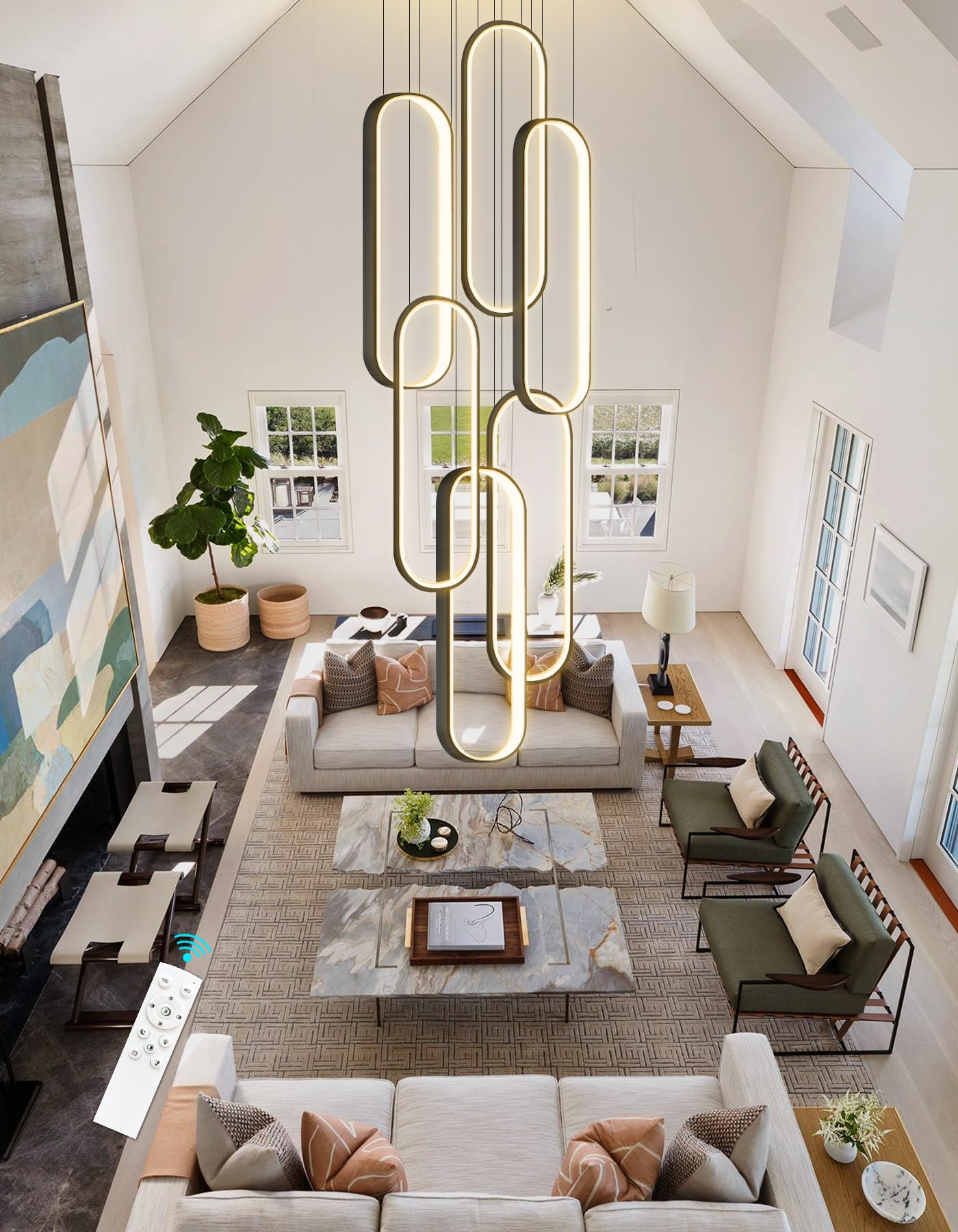 dolria 6 Rings Modern Chandelier LED Dimmable Flush Mount Ceiling Light for Foyer Living Room Staircaes Black