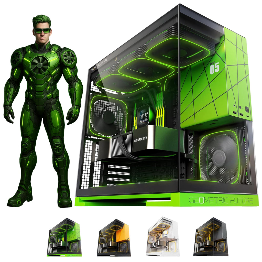 Geometric Future M5 Tempered Glass Mid Tower, E-ATX/ATX Gaming Case, 1.2mm Steel, Type C, Toolless Panels, Support 420/360 Radiator, ARGB PWM 140m Fan x 5 Pre-Installed, Black/Green, GEO-M5F-BNY