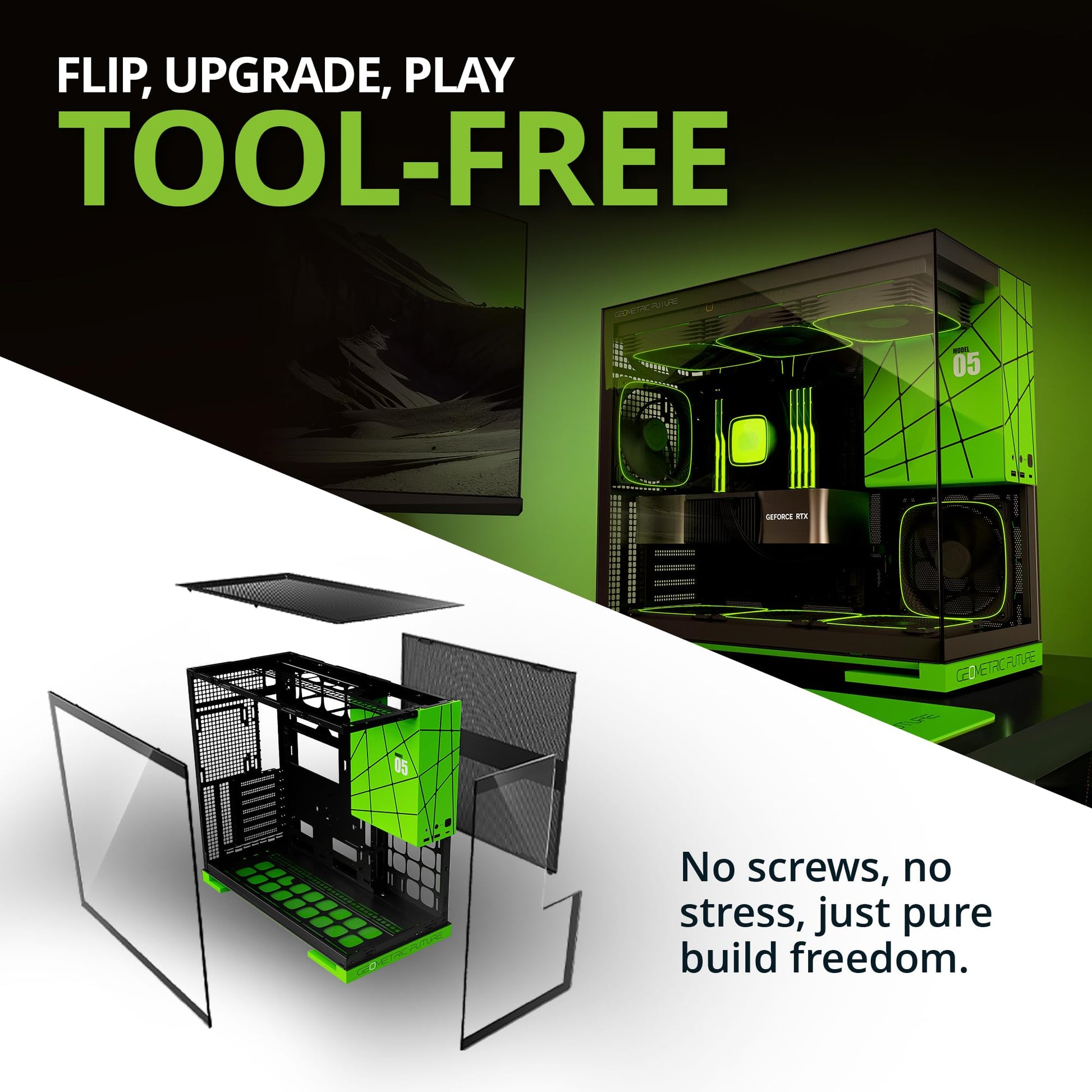 Geometric Future M5 Tempered Glass Mid Tower, E-ATX/ATX Gaming Case, 1.2mm Steel, Type C, Toolless Panels, Support 420/360 Radiator, ARGB PWM 140m Fan x 5 Pre-Installed, Black/Green, GEO-M5F-BNY