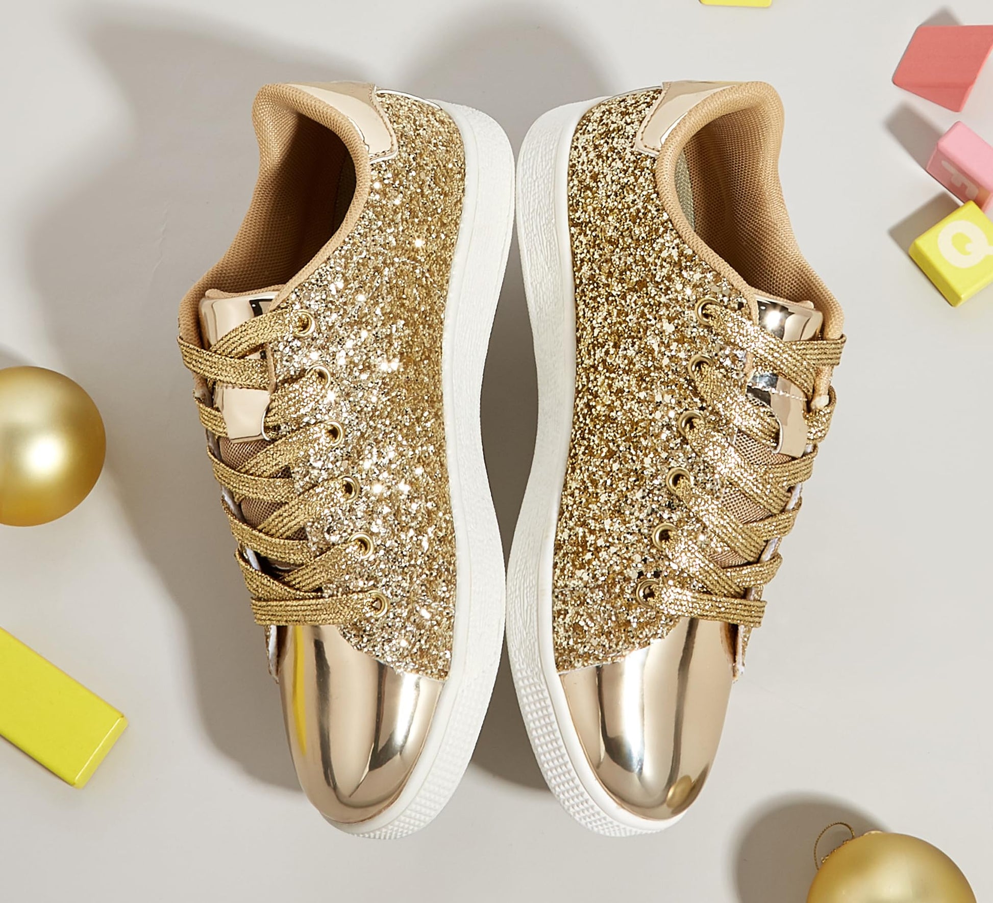 LUCKY STEP Glitter Sneakers Lace up | Fashion Sneakers | Sparkly Shoes for Women (All Gold,10 B(M) US)