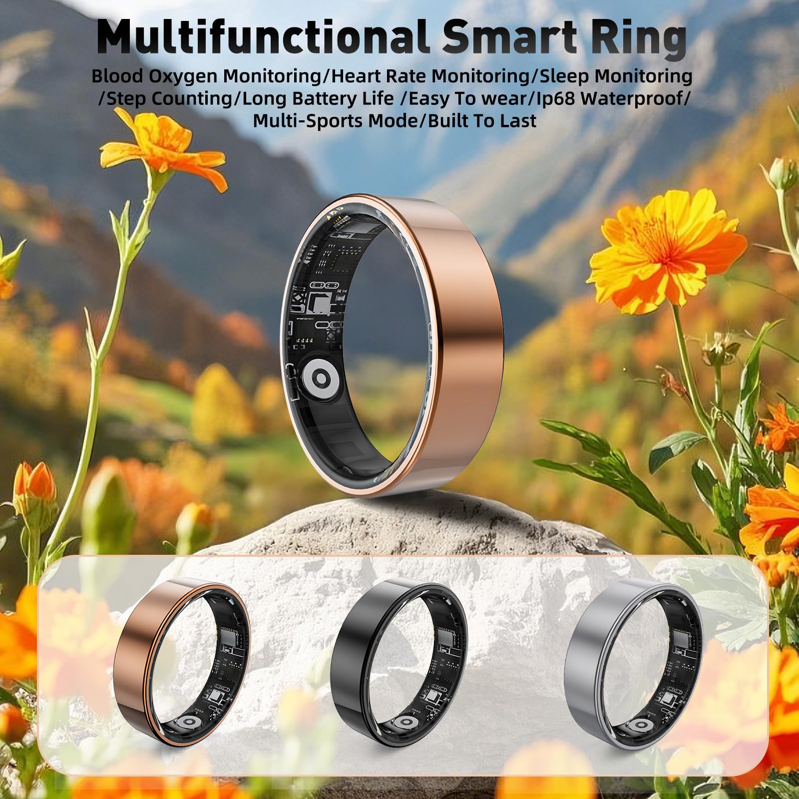 SARUNN ER Smart Ring with Sleep Monitoring, Step Counting, Heart Rate, Blood Oxygen, Blood Pressure for iPhone and Android, No Subscription Fee, IP68 Waterproof Health Tracker (Rose Gold, 10)