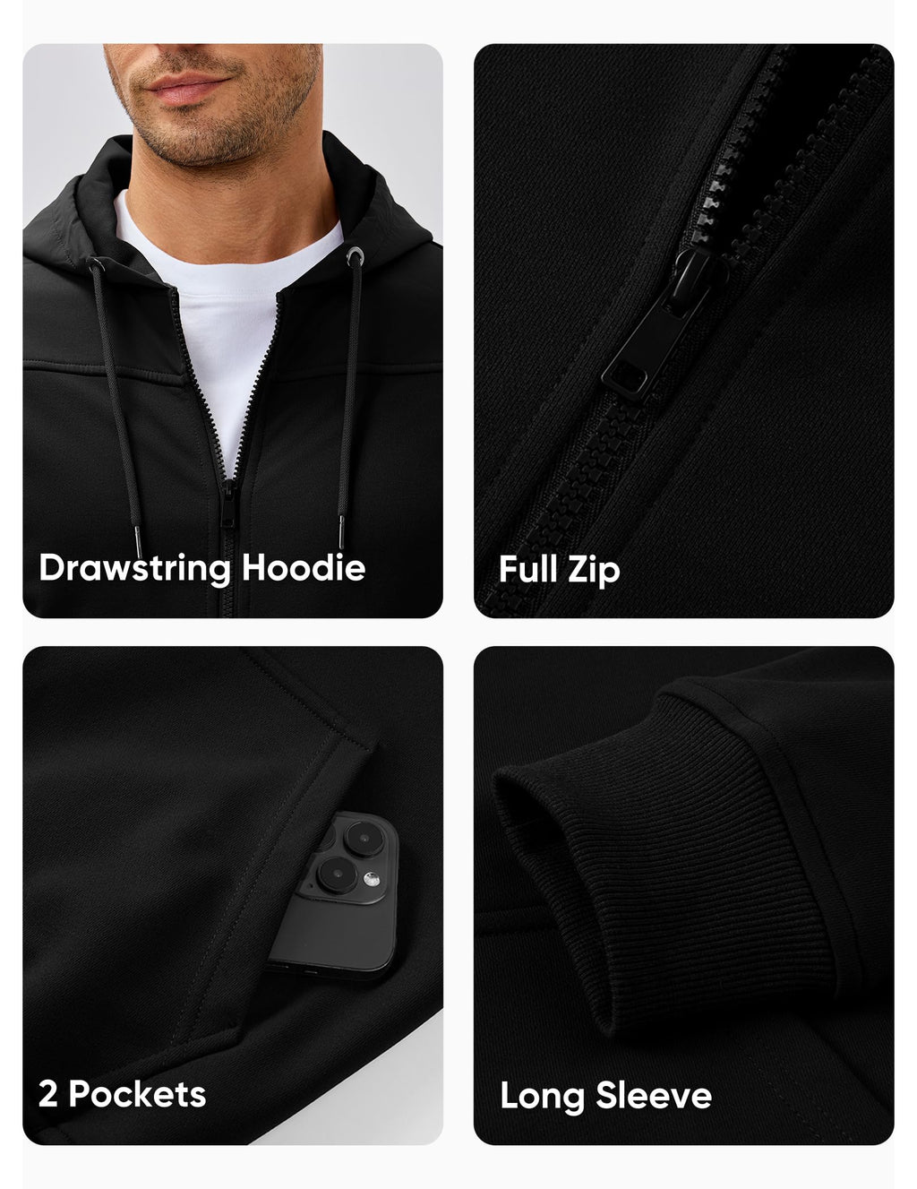 JMIERR Men's Casual Full Zip Up Hiking Warm Hoodies Drawstring Running Outdoor Workout Hooded with Pockets, M, Black