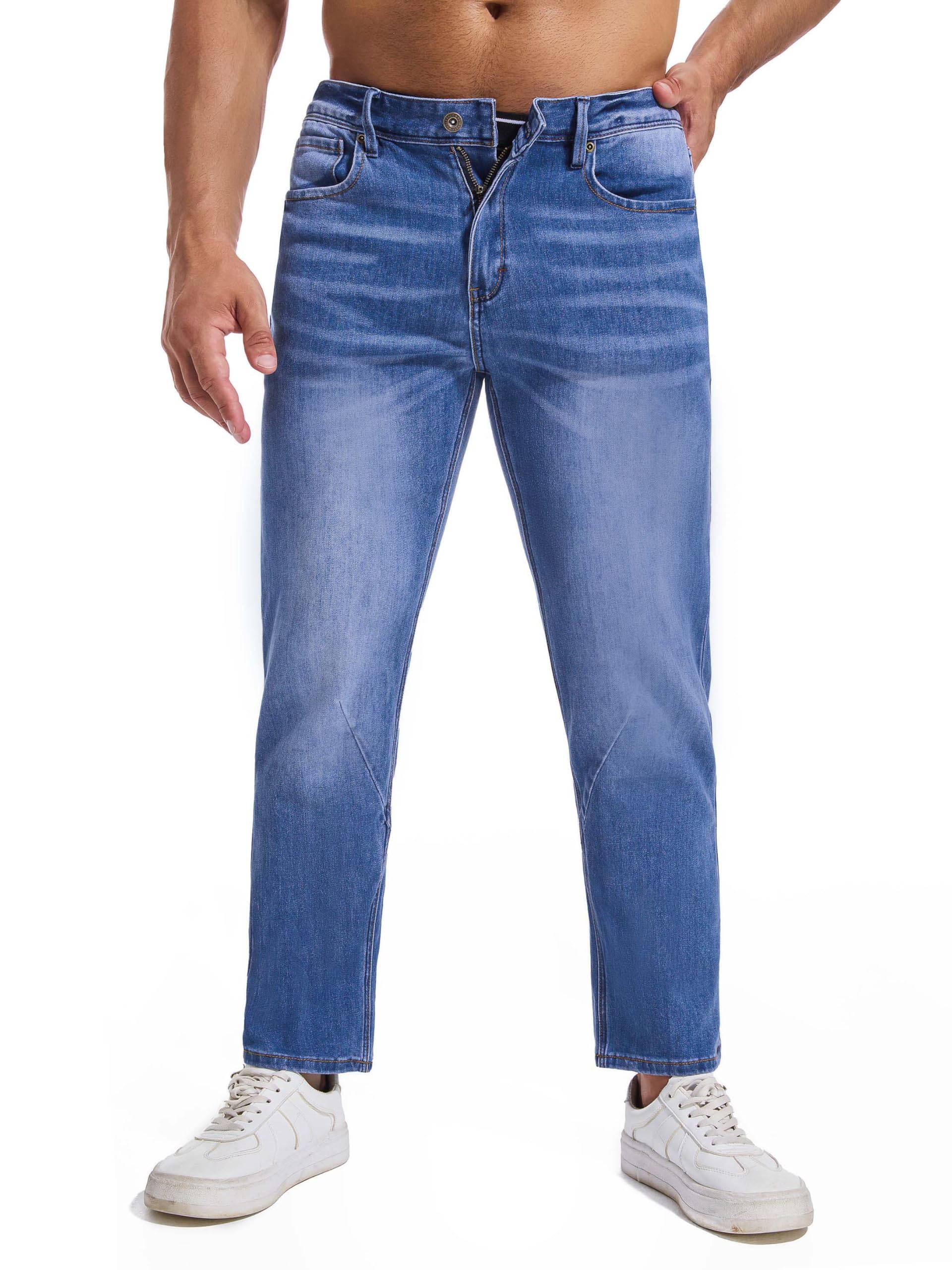 AbleTree Jeans for Short Men 27" Original Straight Taper Fit Short Length Casual Stretch Denim Pants AT01 Medium Blue