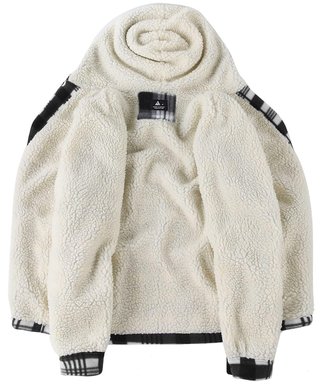 SCODI Men's Flannel Shirt Jacket Fleece Sherpa Lined Plaid Jackets Coat Full Zip Up Hoodie Winter Outwear Black White Large