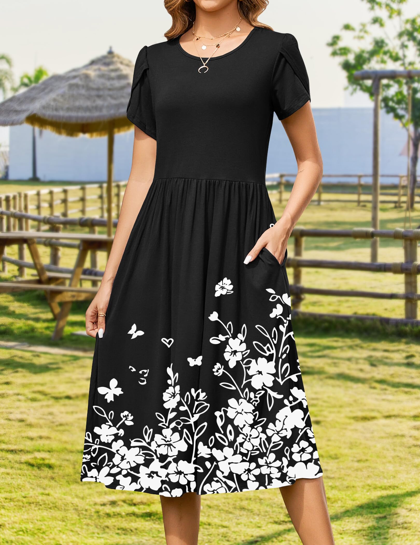 Zeagoo Tropical Dresses for Women Spring Dress Floral Print Midi Sundress Swing Tshirt Dress Pleated Dress Casual Ethnic Dress Boho Vocation Dress,l