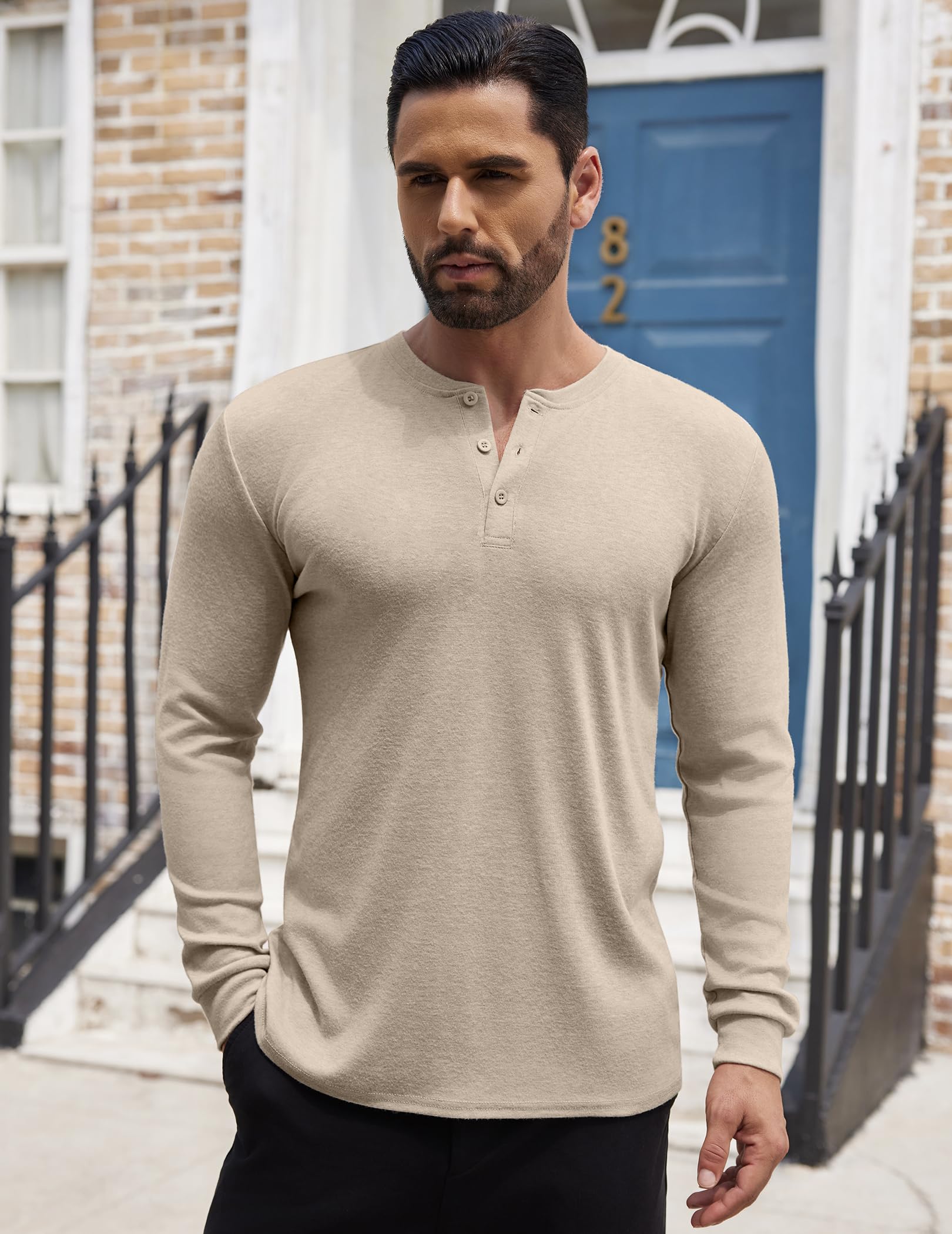 COOFANDY Men's Henley Shirts Long Sleeve Basic Pullover Shirt Lightweight Casual Button T-Shirts Heather Khaki