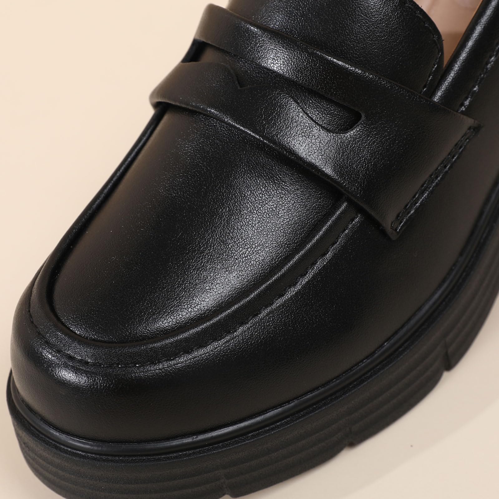TKKAE Loafers for Women Women's Penny Platform Chunky Loafers Slip-Ons Comfortable Business Casual Dress Office Work Shoes for Ladies,Black Leather,6
