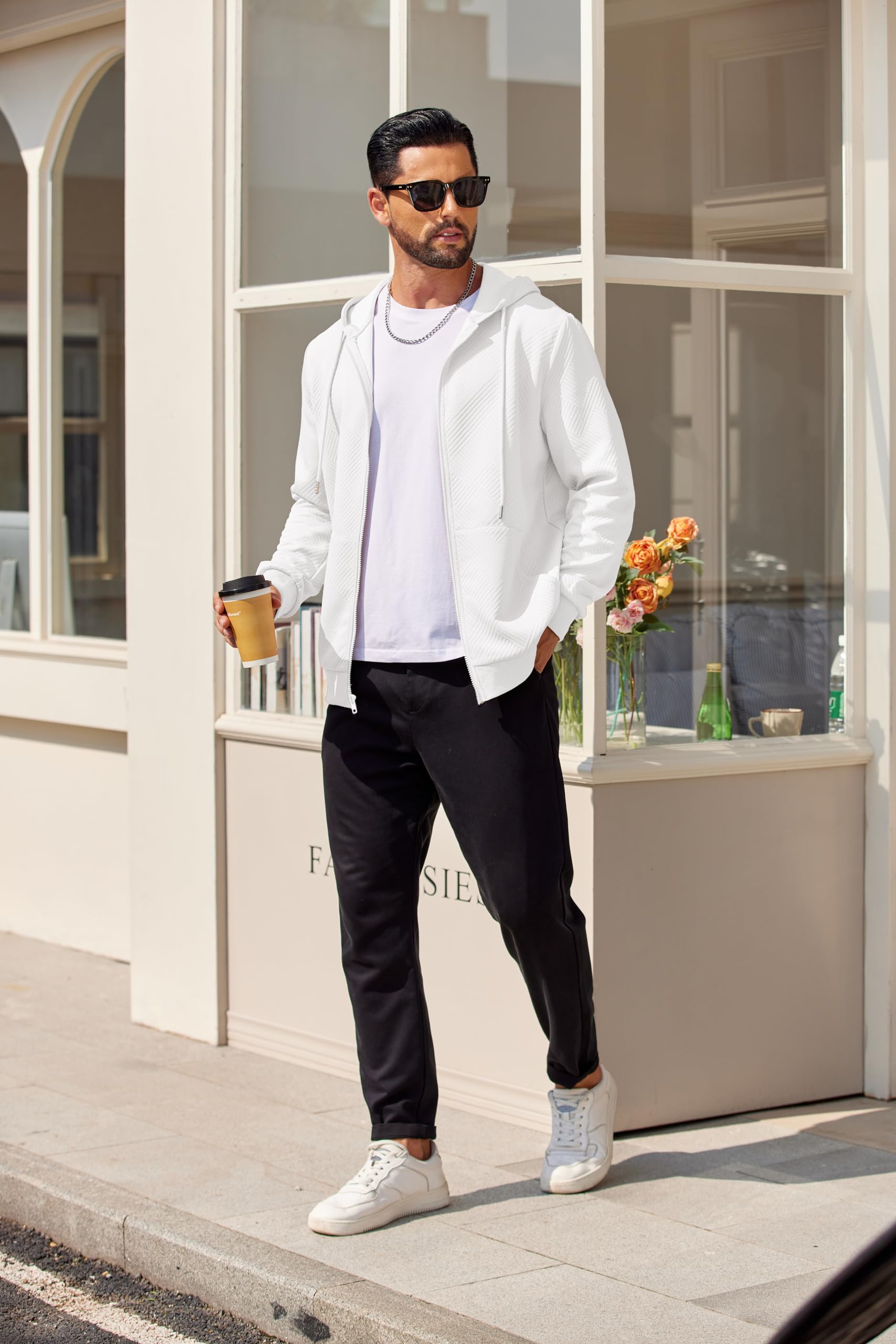 COOFANDY Zip Hoodies For Men Lightweight Zip Up Hoodies Long Sleeve Fashion Knit Hoodie With Pocket, White, Small