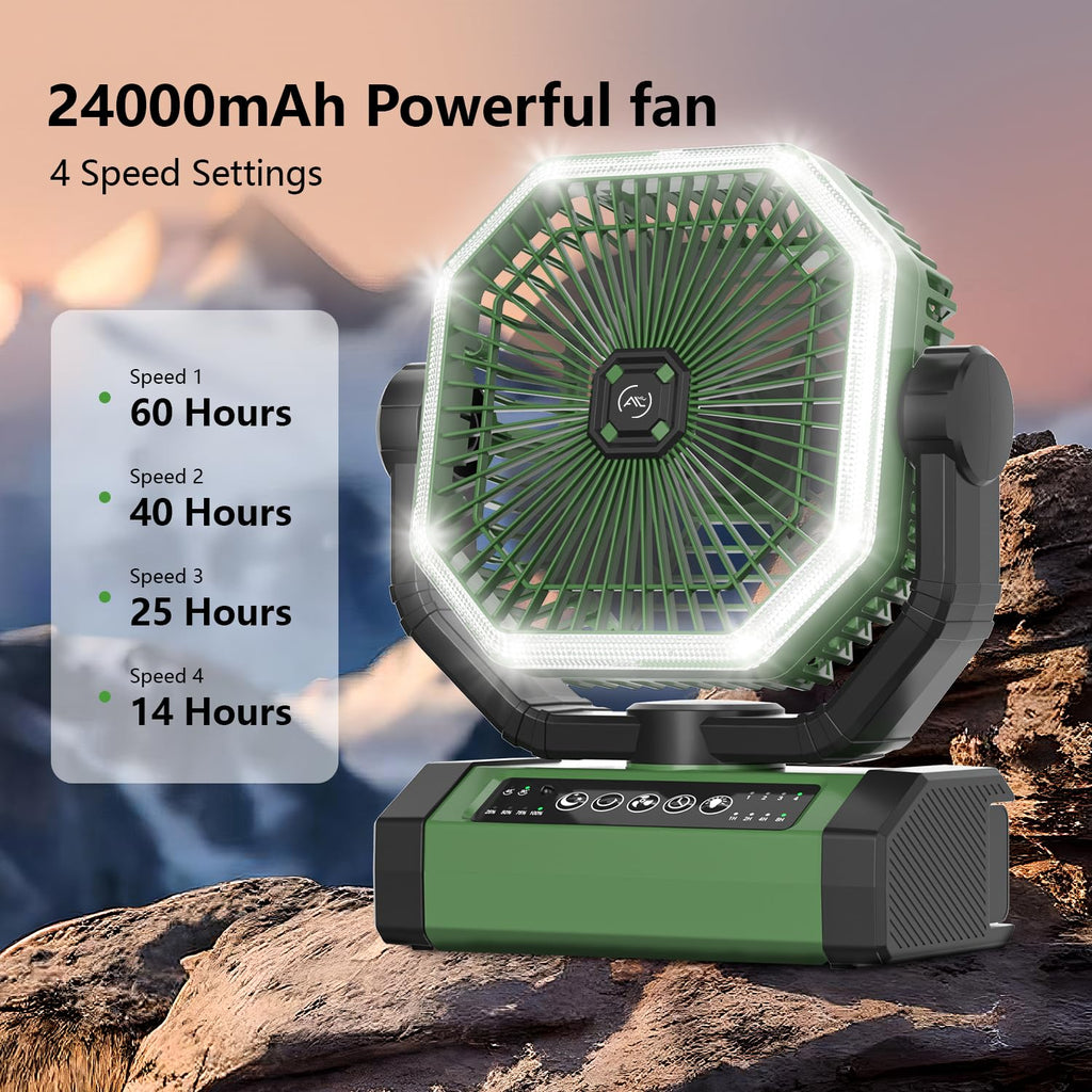 Portable Fan 24000mAh Battery Powered with Remote & LED, 4 Speed Strong Airflow, Desk/Camping/Outdoor/Gym Fan for Office Travel Treadmill Camping Gear