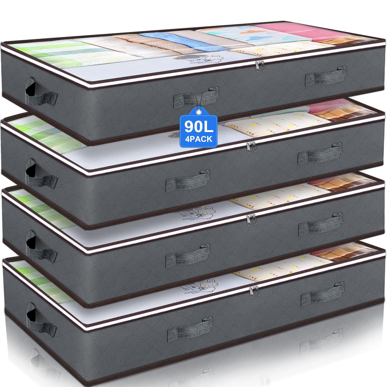 Budding Joy 90L Under Bed Storage Containers, Closet Organizers and Storage Bins, Foldable Underbed Storage Bags for Blanket, Clothing, Comforter, Sweaters, Pillows, Linen Sheets, Wrapping Paper, Grey