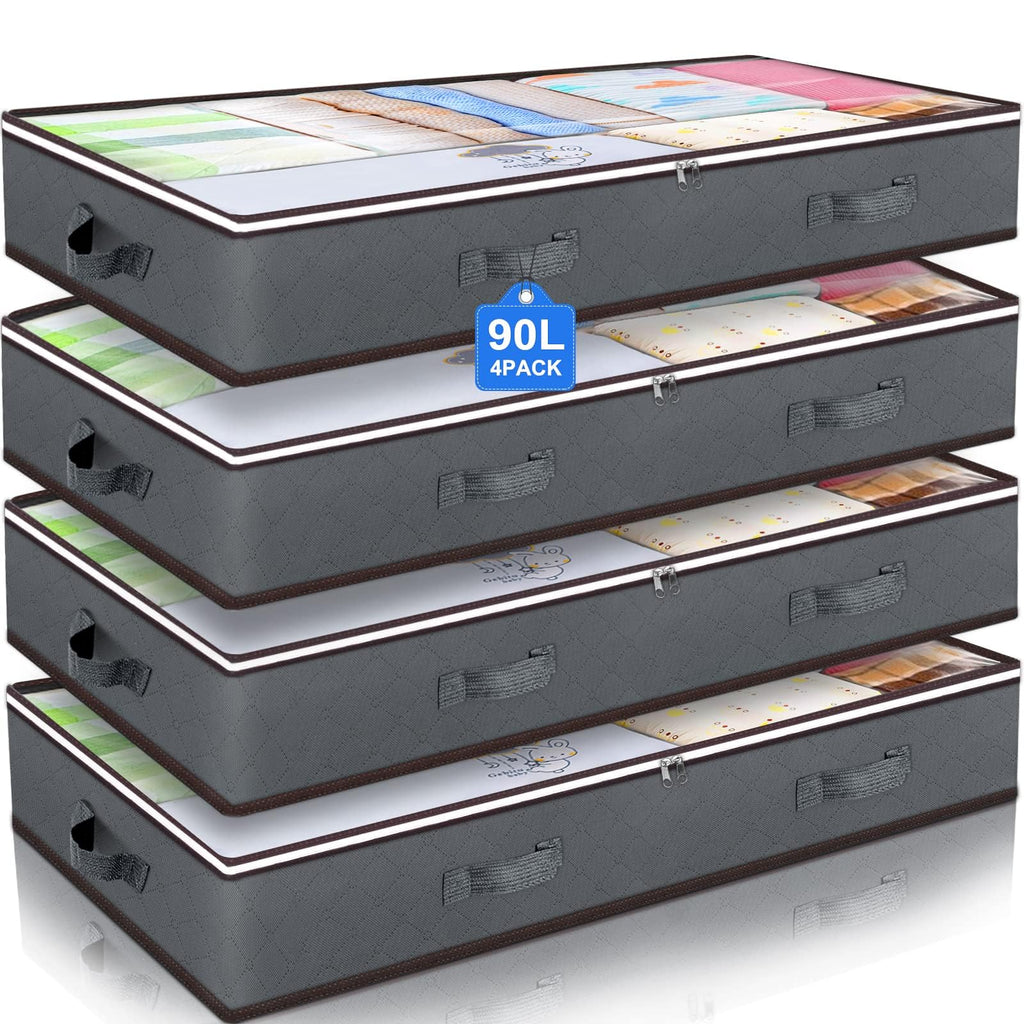 Budding Joy 90L Under Bed Storage Containers, Closet Organizers and Storage Bins, Foldable Underbed Storage Bags for Blanket, Clothing, Comforter, Sweaters, Pillows, Linen Sheets, Wrapping Paper, Grey