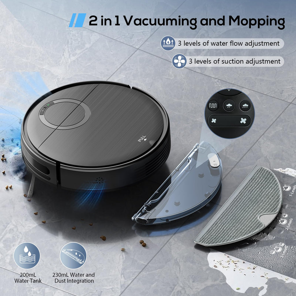 UMMUND Robot Vacuum and Mop Combo, 2 in 1 Mopping Robotic Vacuum Cleaner with Schedule, Wi-Fi/App/Remote, Max Suction 2000Pa, Self-Charging, Slim, Ideal for Hard Floor, Pet Hair, Low-Pile Carpet