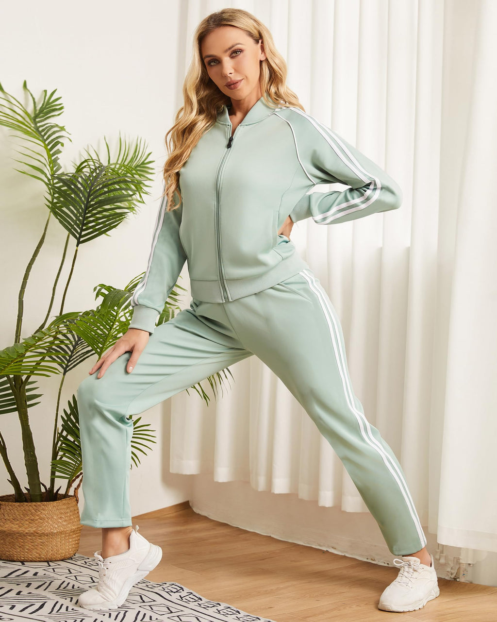 Women's Tracksuit 2 Piece Outfits Zip Striped Sportswear Long Sleeve Jogger Suits for Women with Pockets JW7011-L